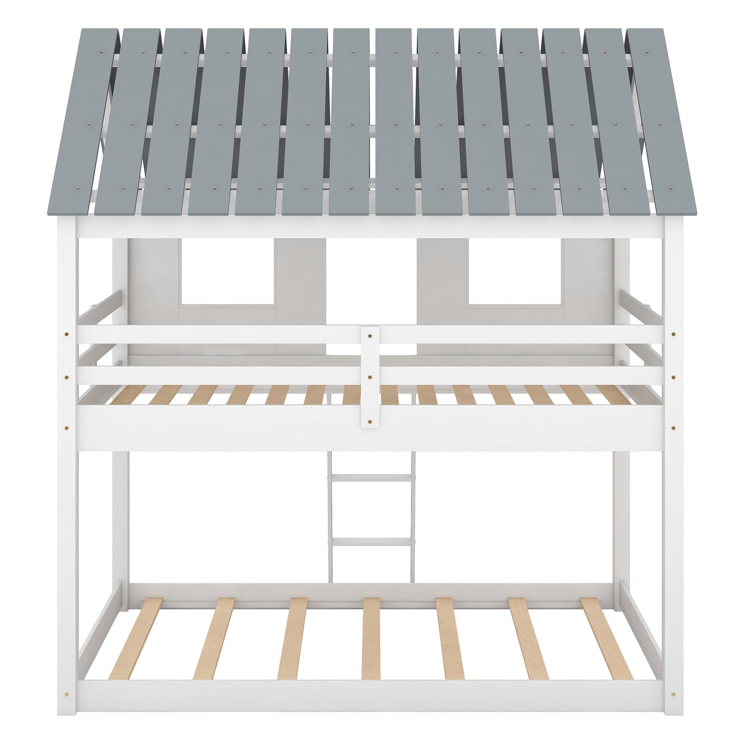 Barnyard Style White Twin Bunk Beds with Roof and Fence Guardrail