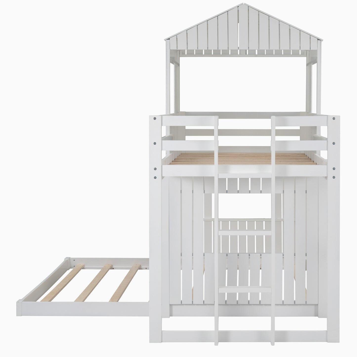 Whimsical Farmhouse Twin Over Full Bunk Bed with Playhouse in White