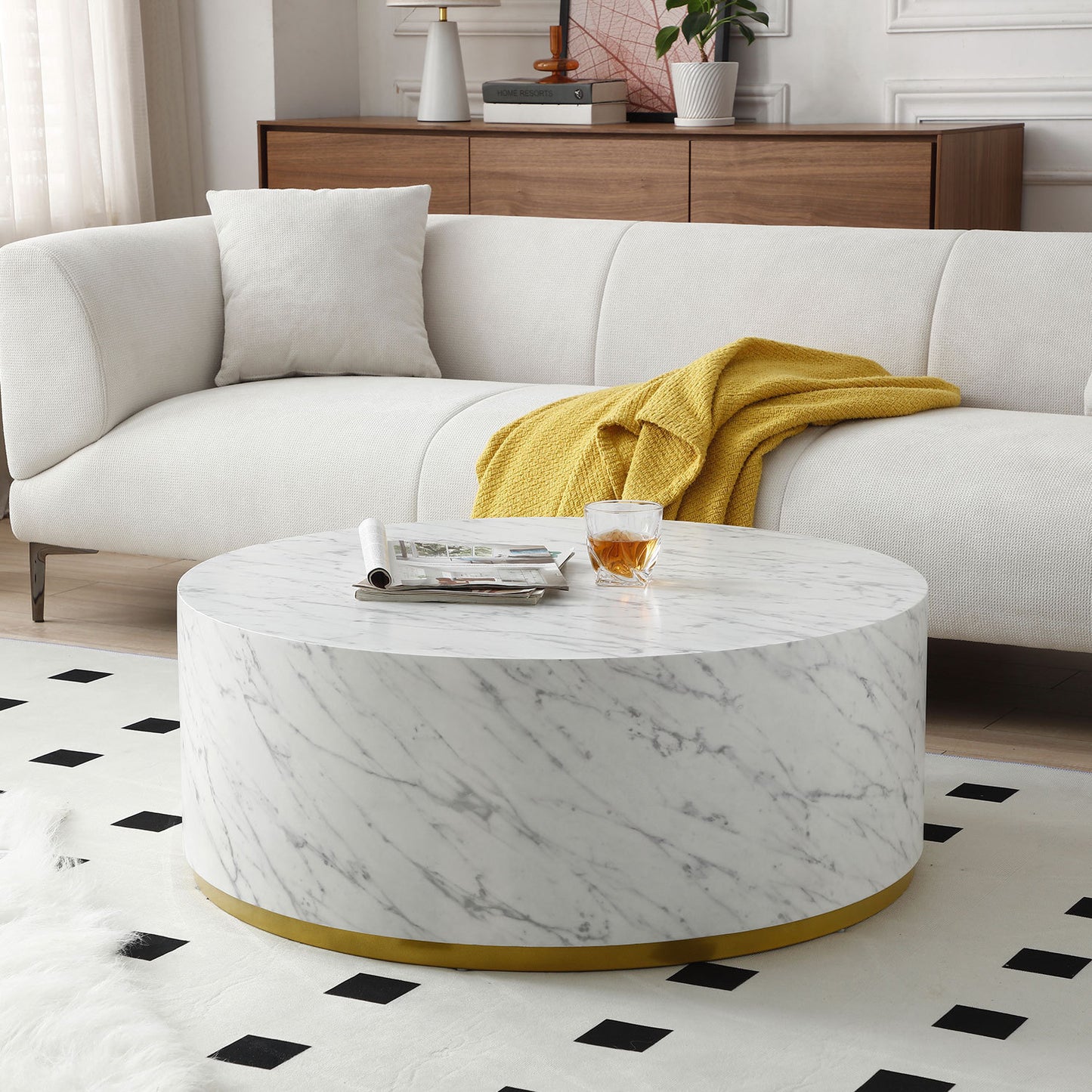 Elegant White Marble Coffee Table with Gold Metal Base