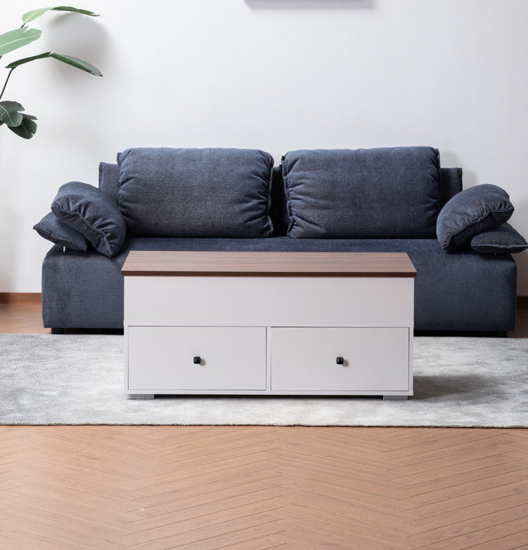 Luna White Coffee Table with Walnut Finish Lift Top, 2 Drawers, and 2 Shelves for Stylish Organization