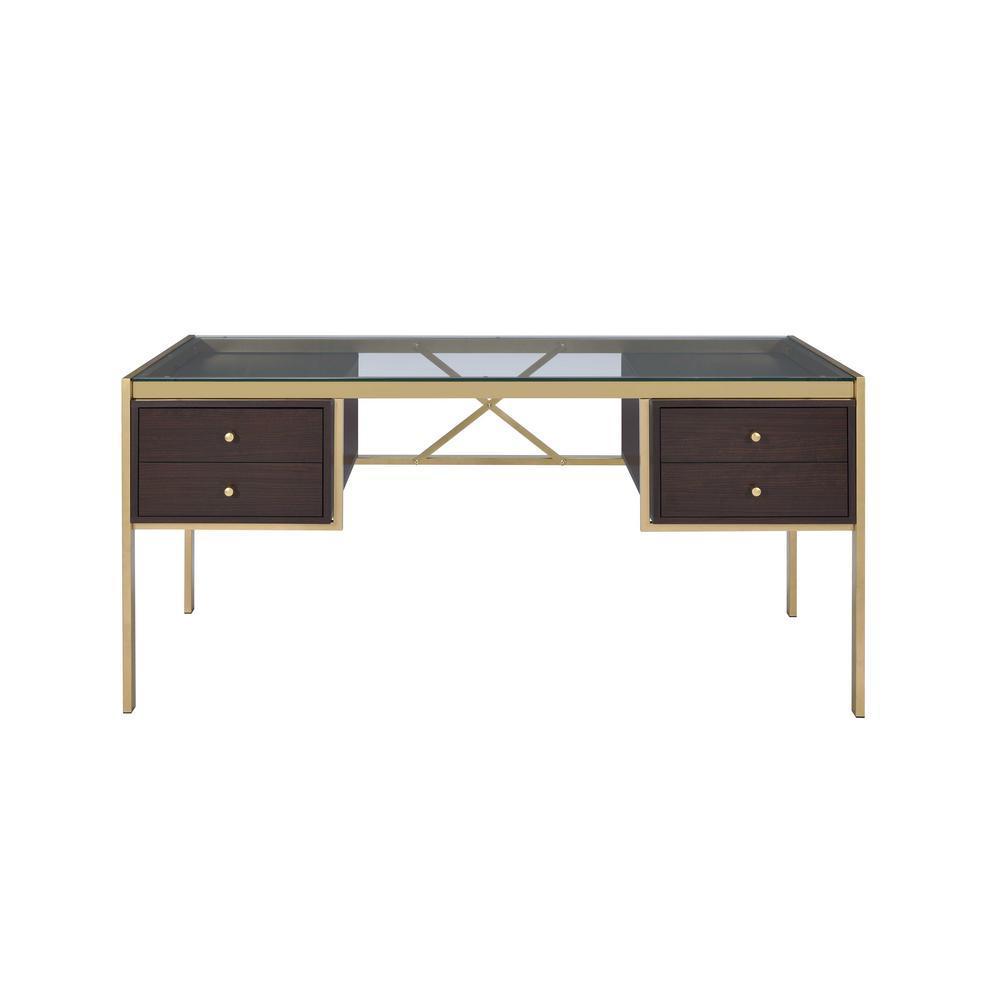 Sophisticated Gold and Clear Glass Writing Desk with Wooden Drawers and Industrial Touch