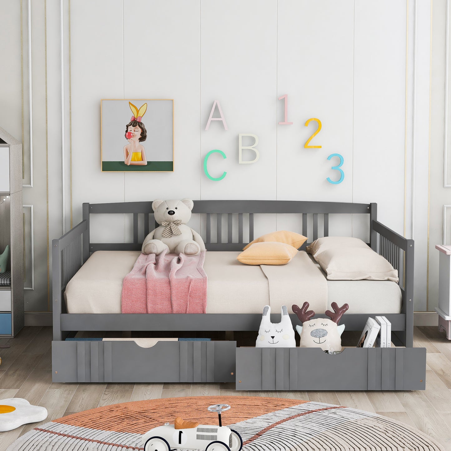 Full Size Daybed Wood Bed with Two Drawers,Gray