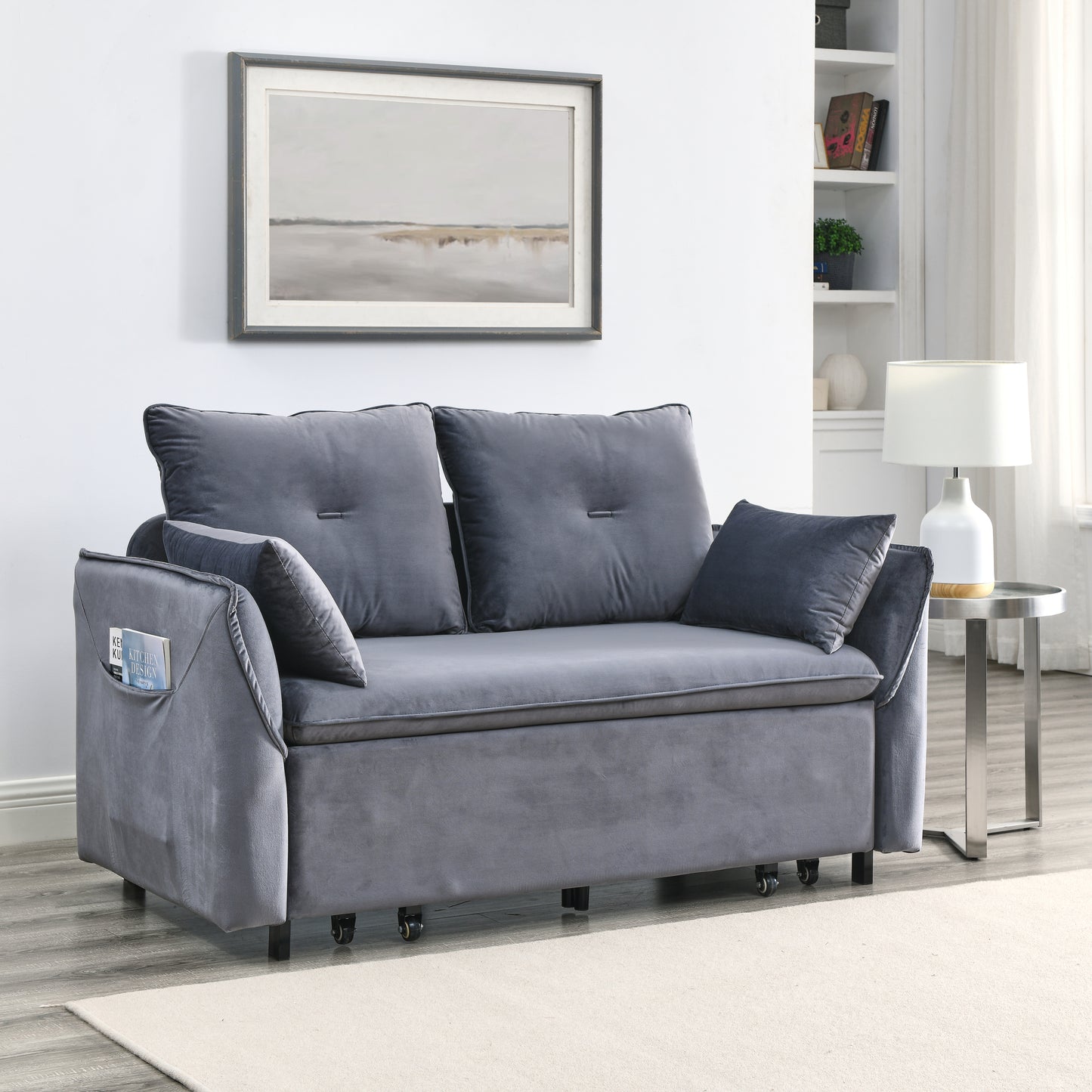 MH 57" Modern Convertible Sofa Bed with 2 Detachable Arm Pockets, Velvet Loveseat Multi-position adjustable Sofa with Pull Out Bed with Bedhead, 2 Pillows and Living Room, Grey