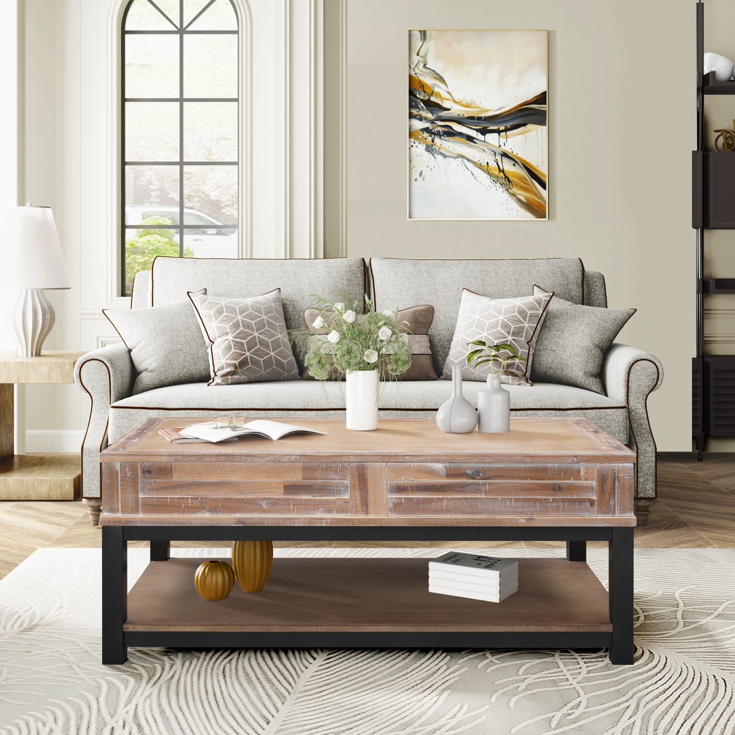 Elegant Lift Top Coffee Table with Storage Shelf - Brown Acacia Blend