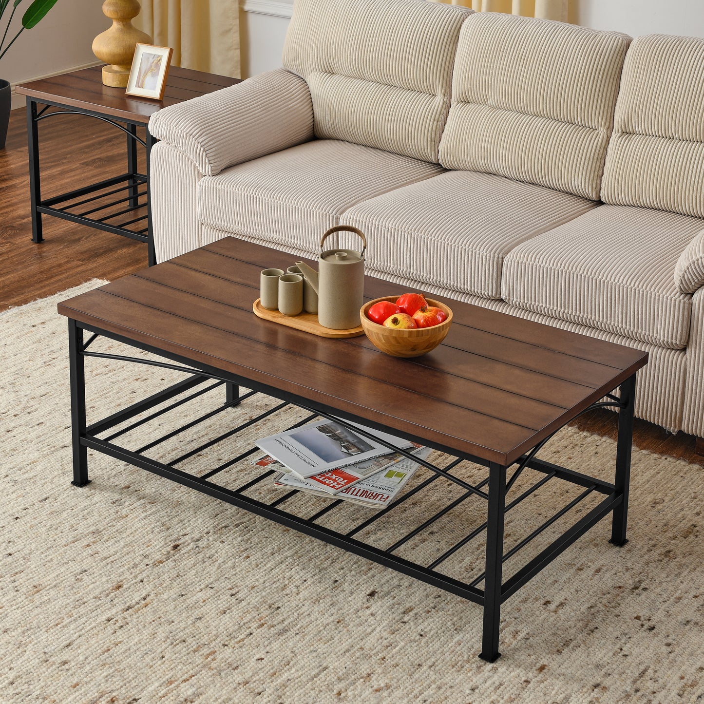 3 Piece Rustic Brown Coffee Table Set with Open Storage for Home and Office