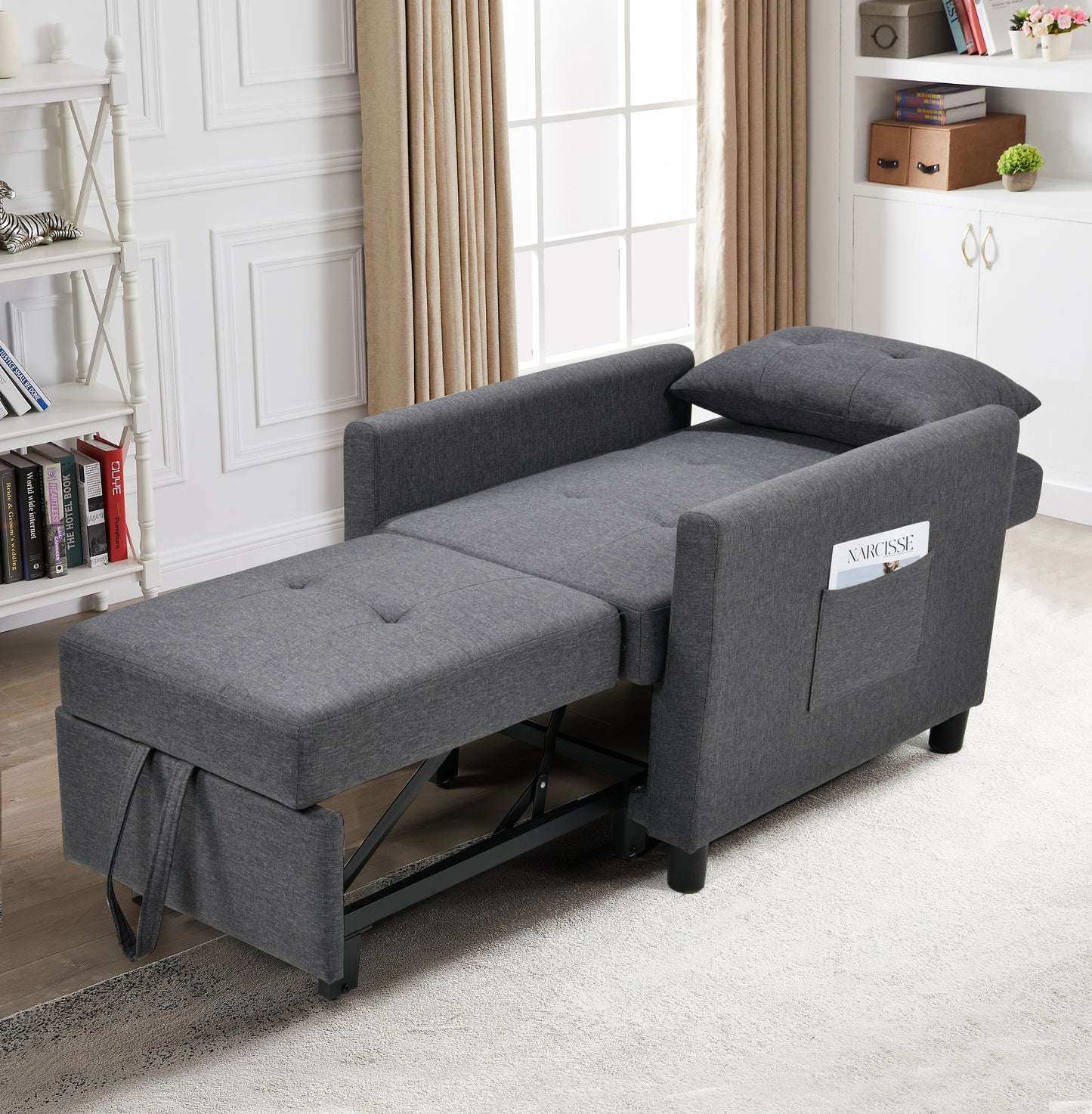 Single Sofa Bed with Pullout Sleeper, Convertible Folding Futon Chair, Lounge Chair Set with 1pc Lumbar pillow, Drak Gray color fabric