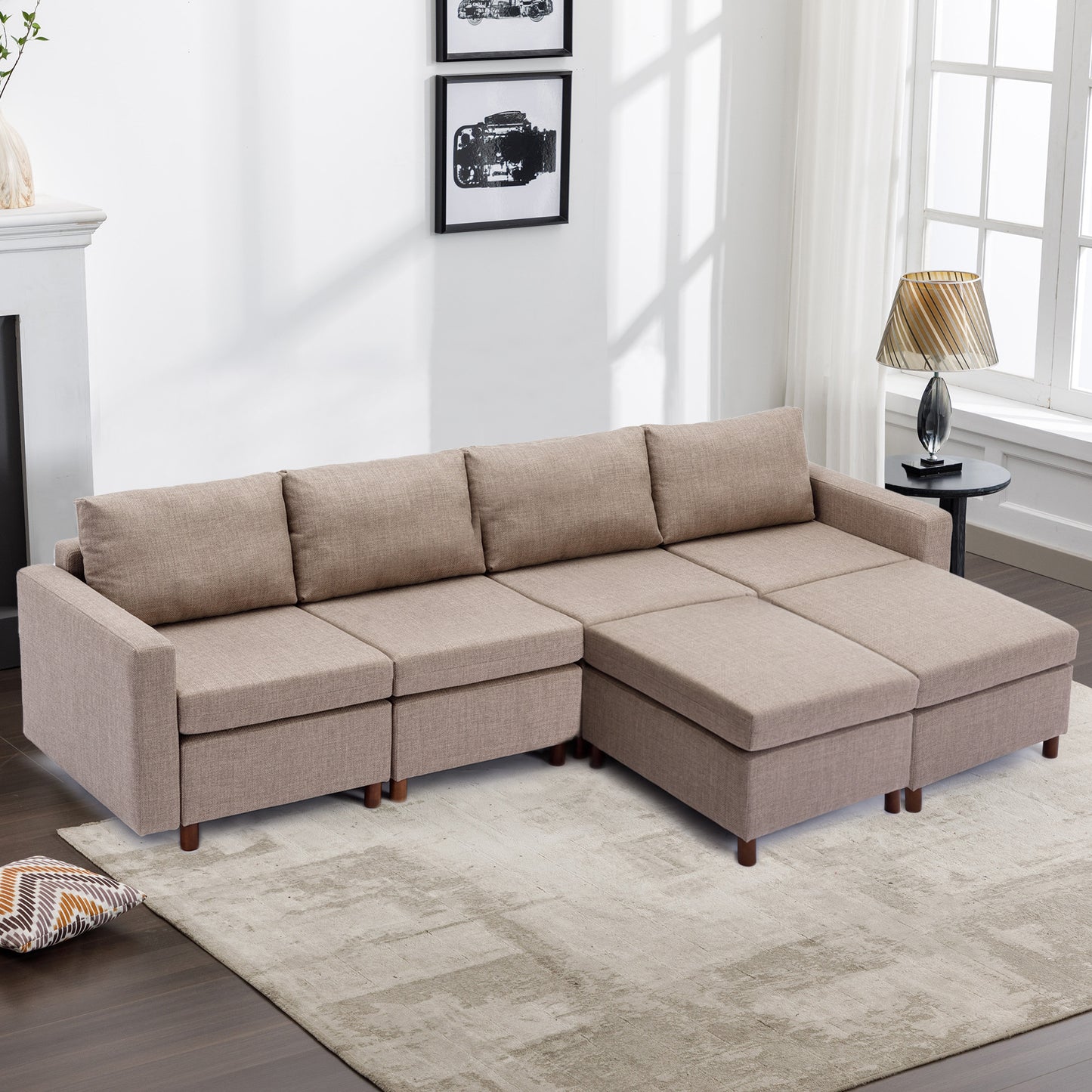 Sectional Sofa Couch with Ottoman Set, 4-Seater, Non-Removable Cushions, High Quality Fabric, Brown