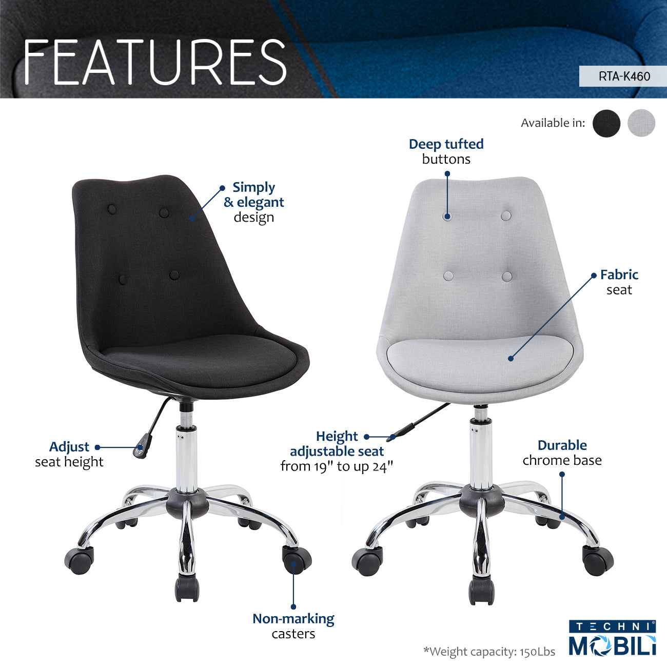 Armless Task Chair with Buttons, Black