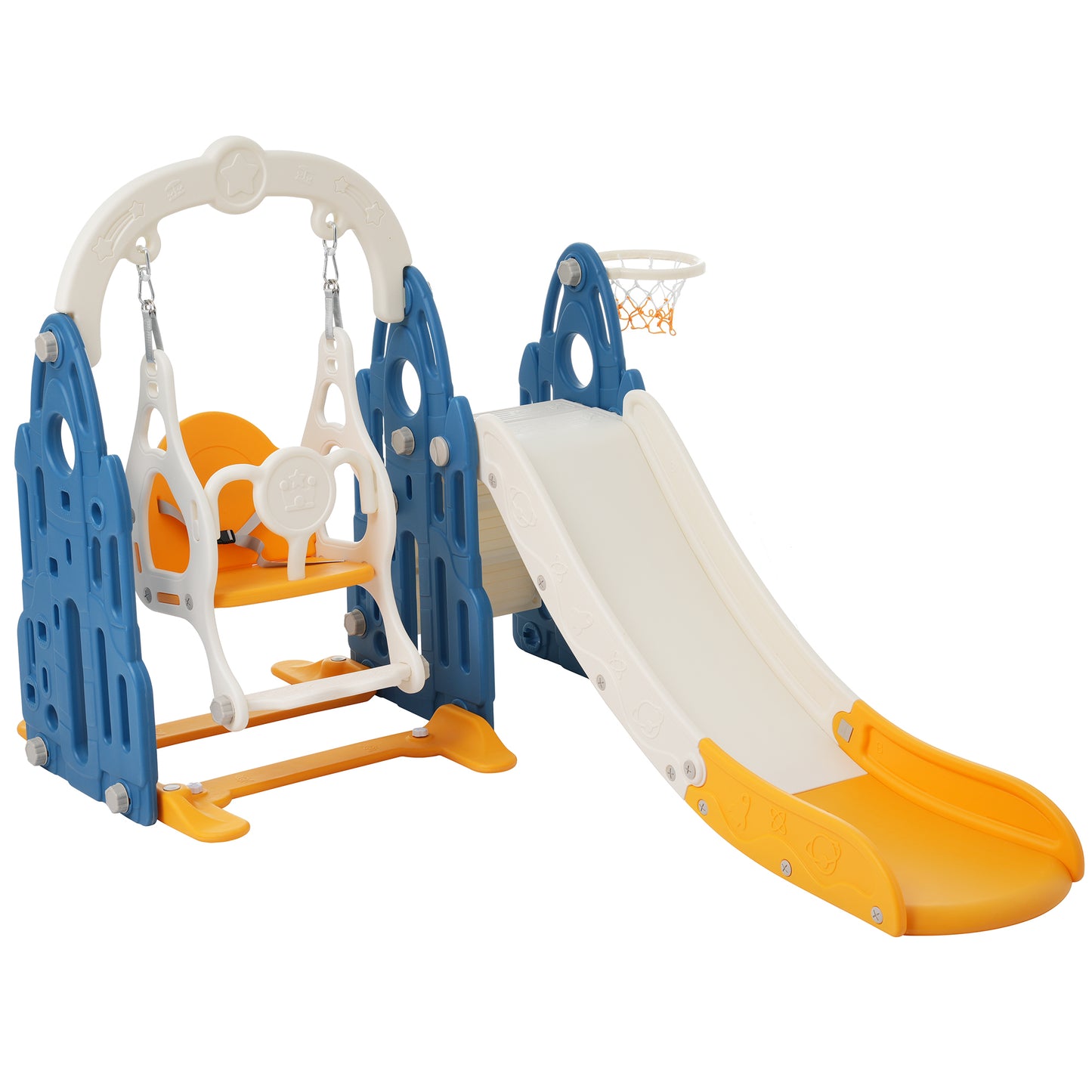 4-in-1 Toddler Playground Climber, Slide, Swing Set with Basketball Hoop