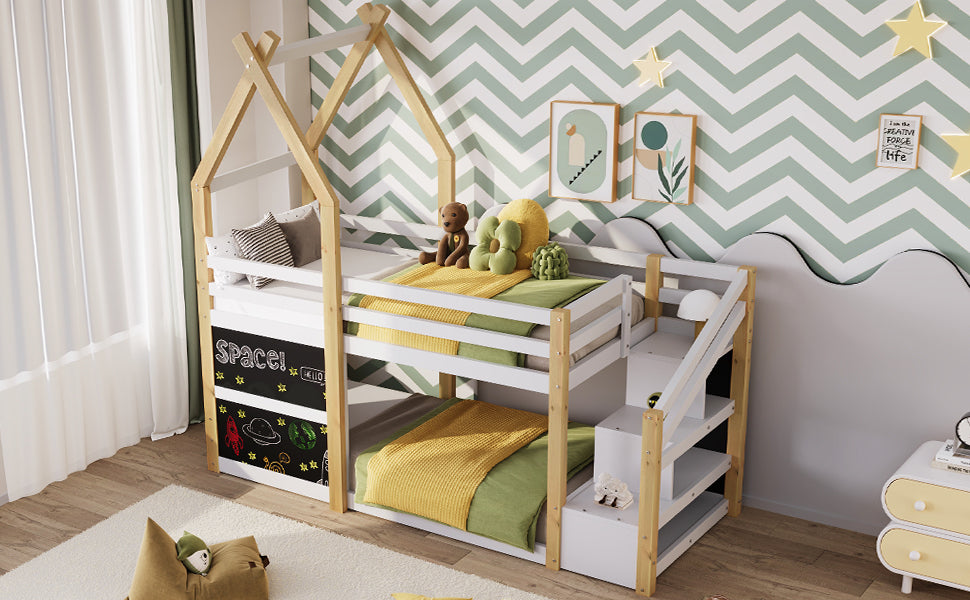 Treehouse Bunk Bed with Storage Staircase and Blackboards