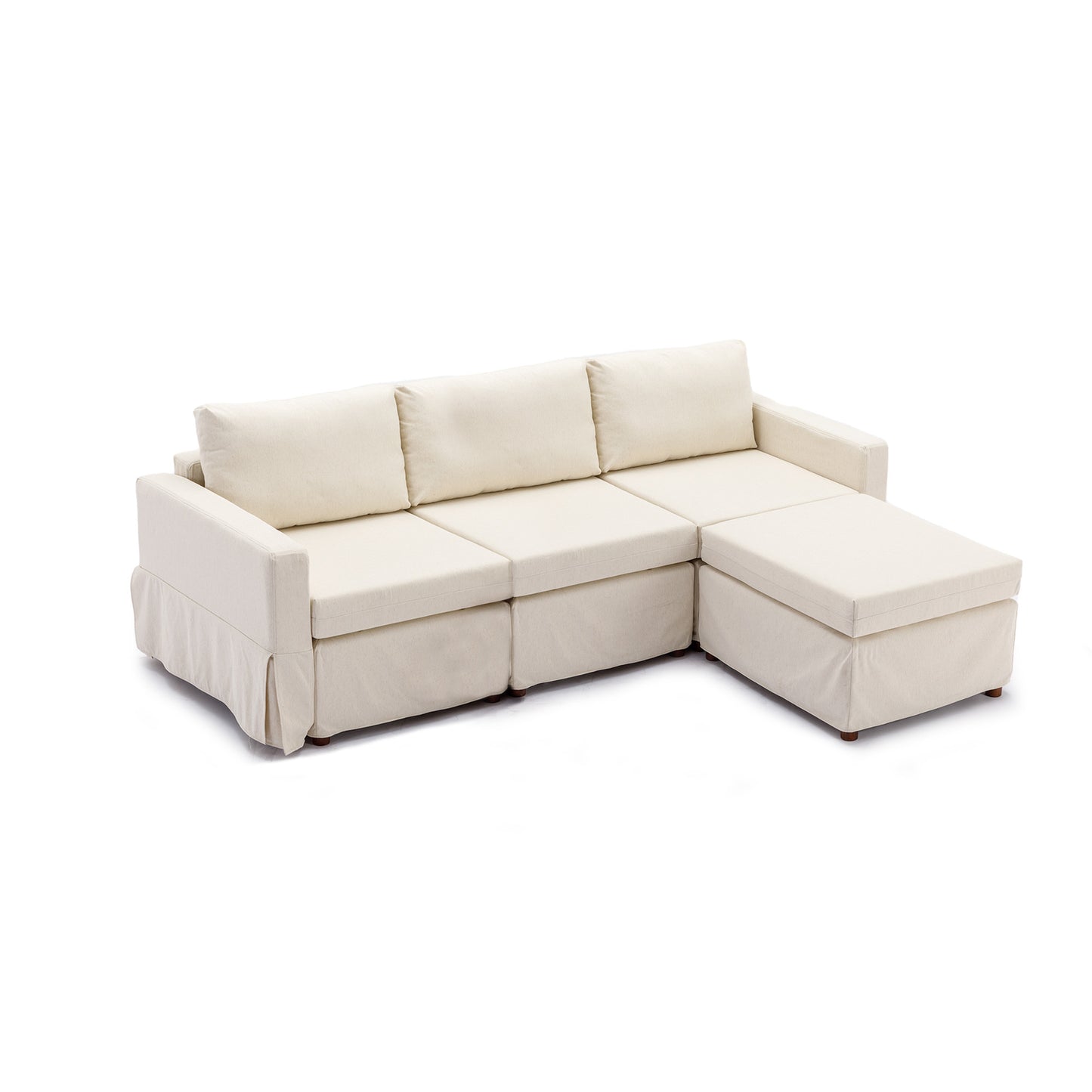 Cream Linen 3-Seat Modular Sectional Sofa Set with Ottoman