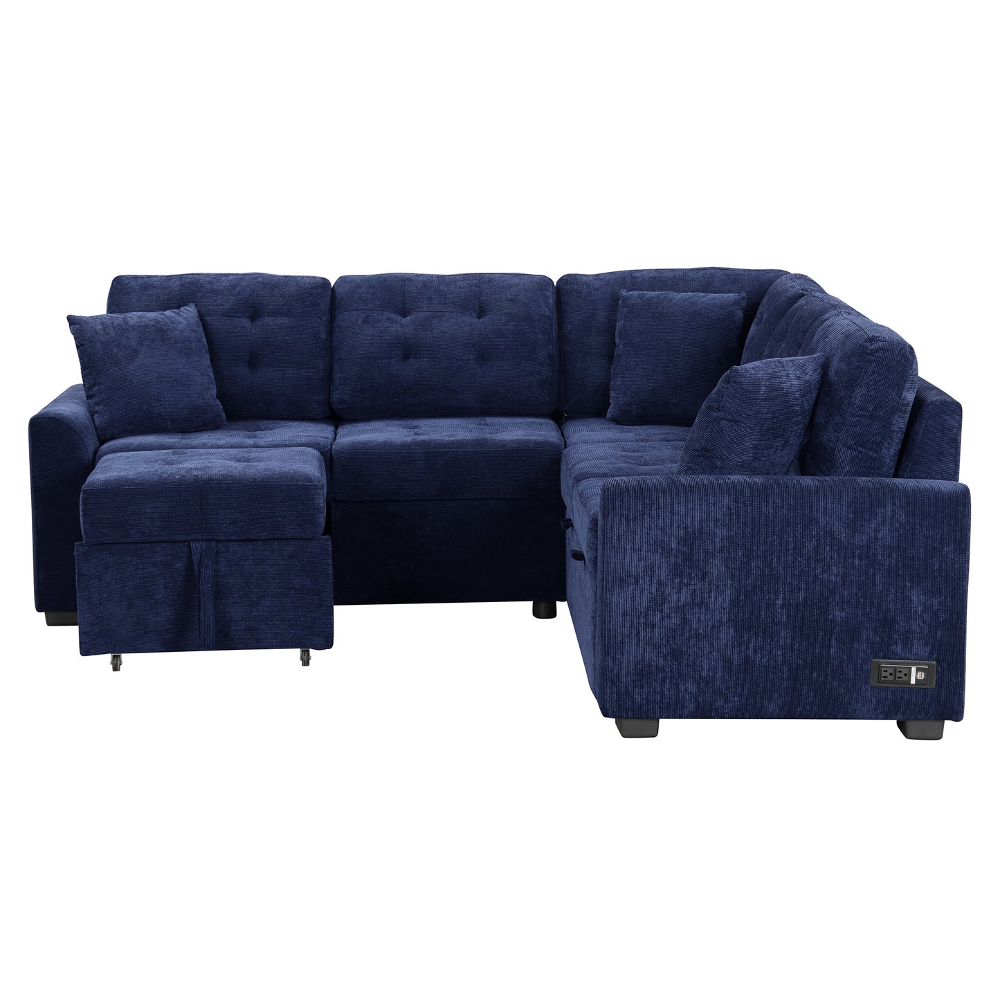 Convertible Navy Blue L-Shape Sleeper Sofa with USB Ports and Power Sockets