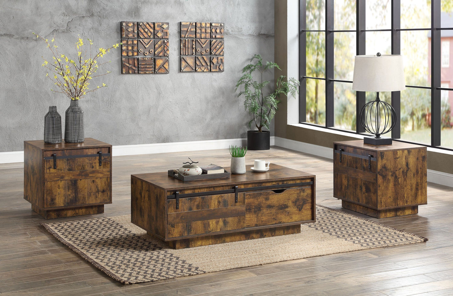 Rustic Oak Farmhouse Coffee Table with Barn Door Design