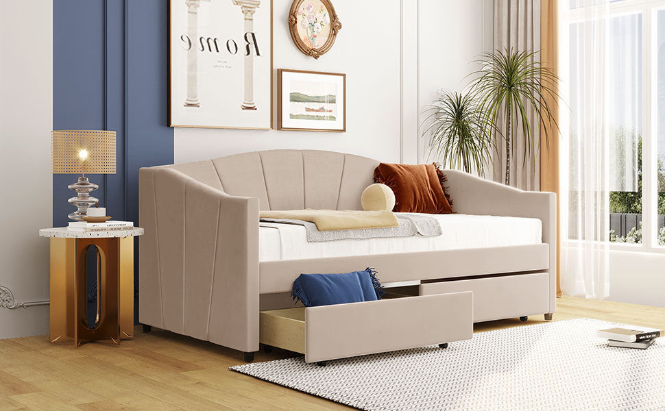 Upholstered daybed Twin Size with Two Drawers and Wood Slat  ,Beige