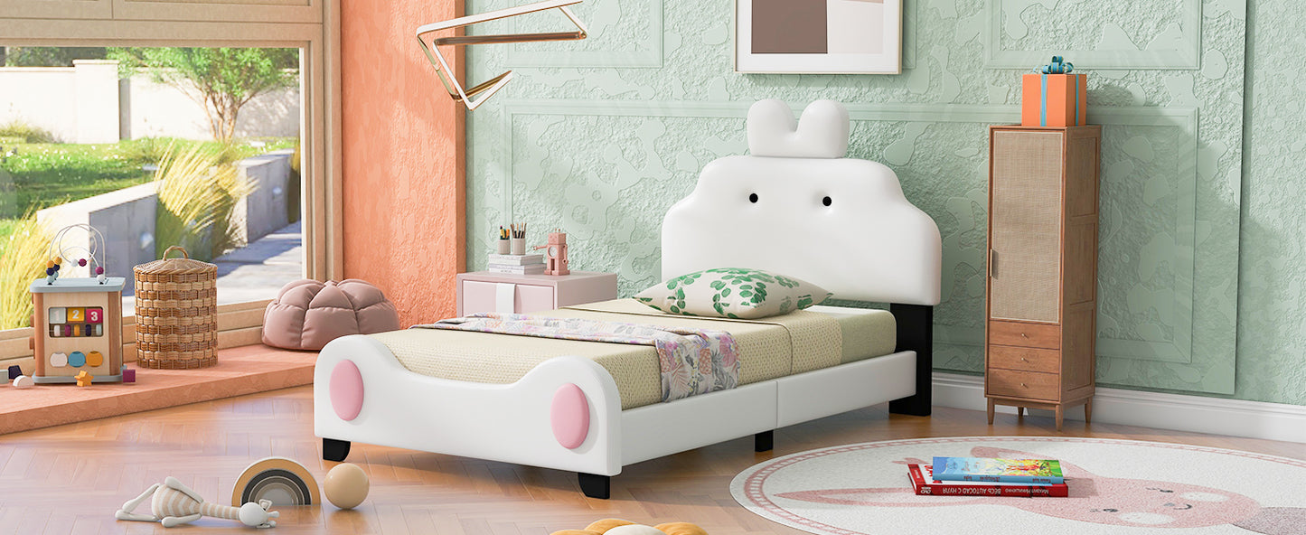 Twin Size Upholstered Platform Bed with Cartoon Headboard and Footboard, White+Pink