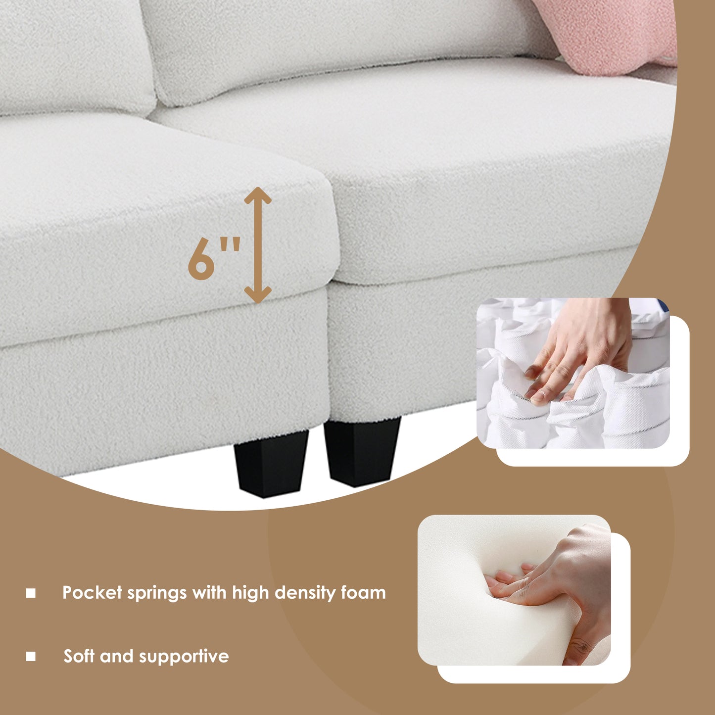 Luxurious Modern Teddy Velvet L-Shaped Sectional Sofa with Charging Ports and Storage Ottoman