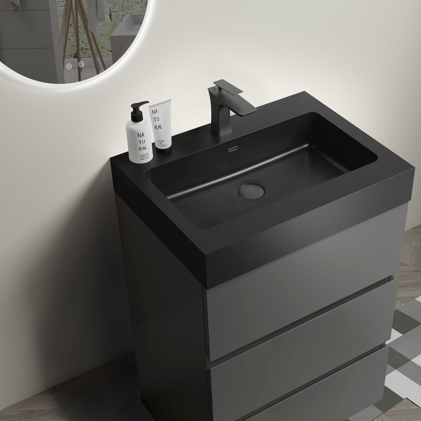 Alice 24" Gray Bathroom Vanity with Sink, Large Storage Freestanding Bathroom Vanity for Modern Bathroom, One-Piece Black Sink Basin without Drain and Faucet