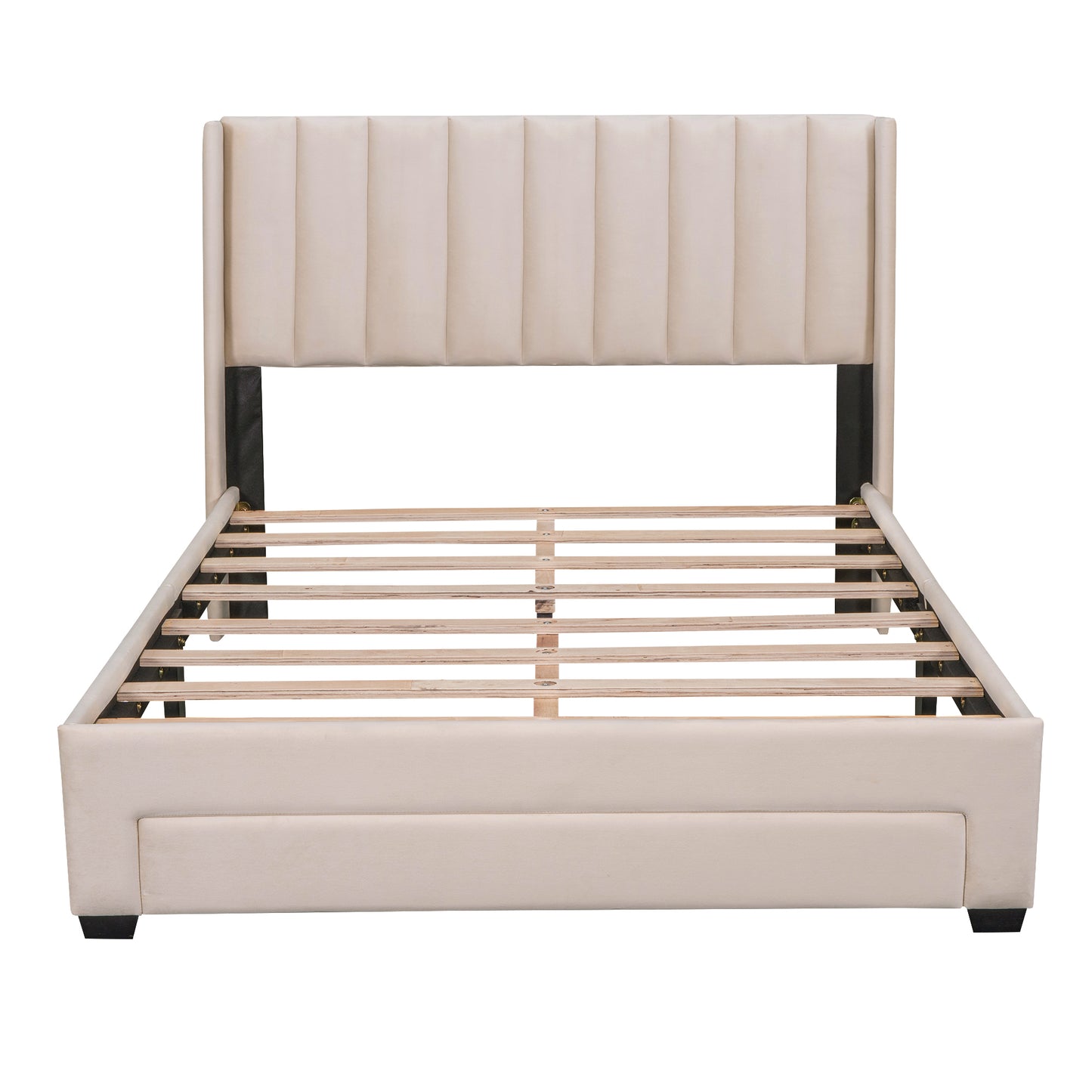 Full Size Storage Bed Velvet Upholstered Platform Bed with a Big Drawer - Beige