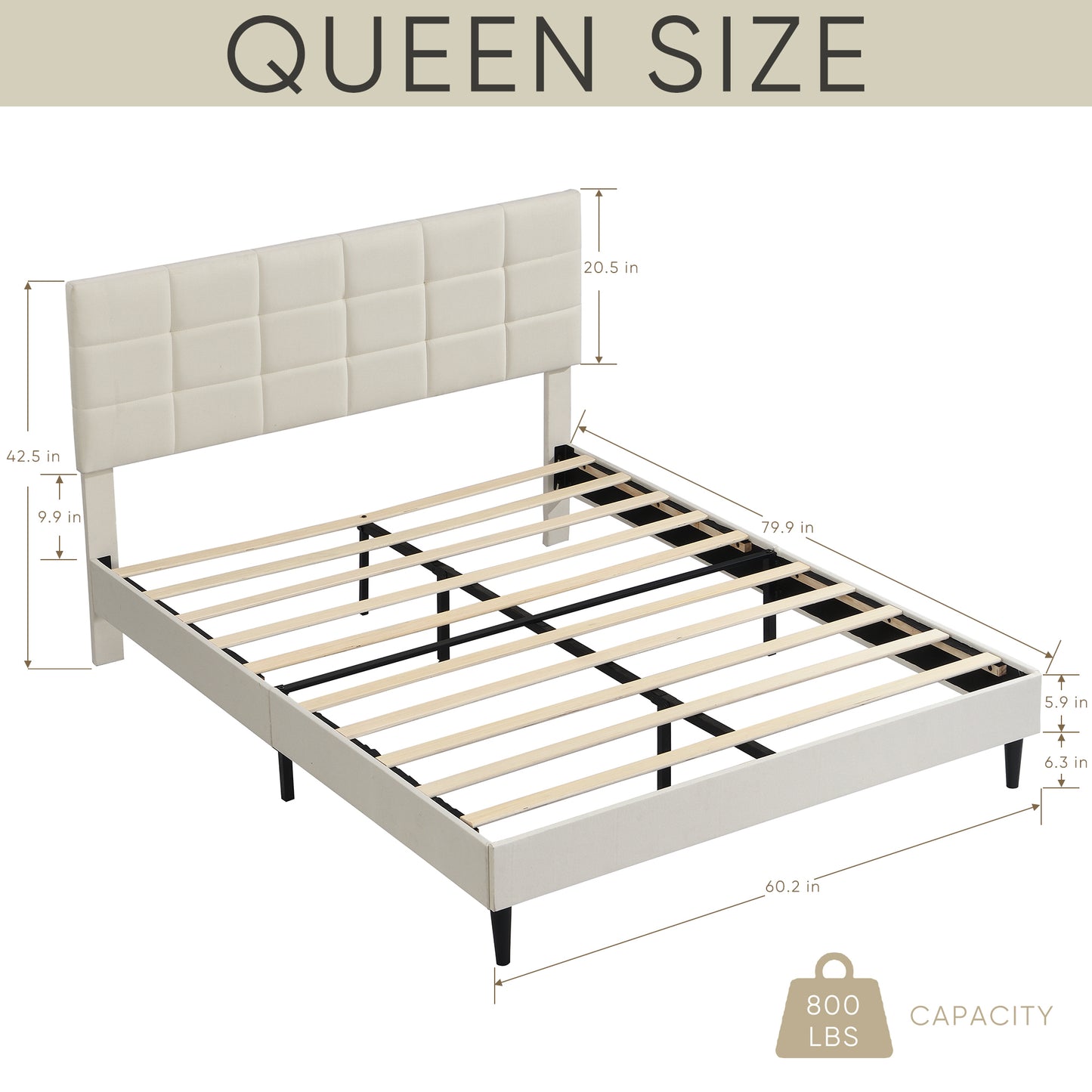 Queen Size Platform Bed Frame with Fabric Upholstered Headboard and Wooden Slats, No Box Spring Needed/Easy Assembly, Beige