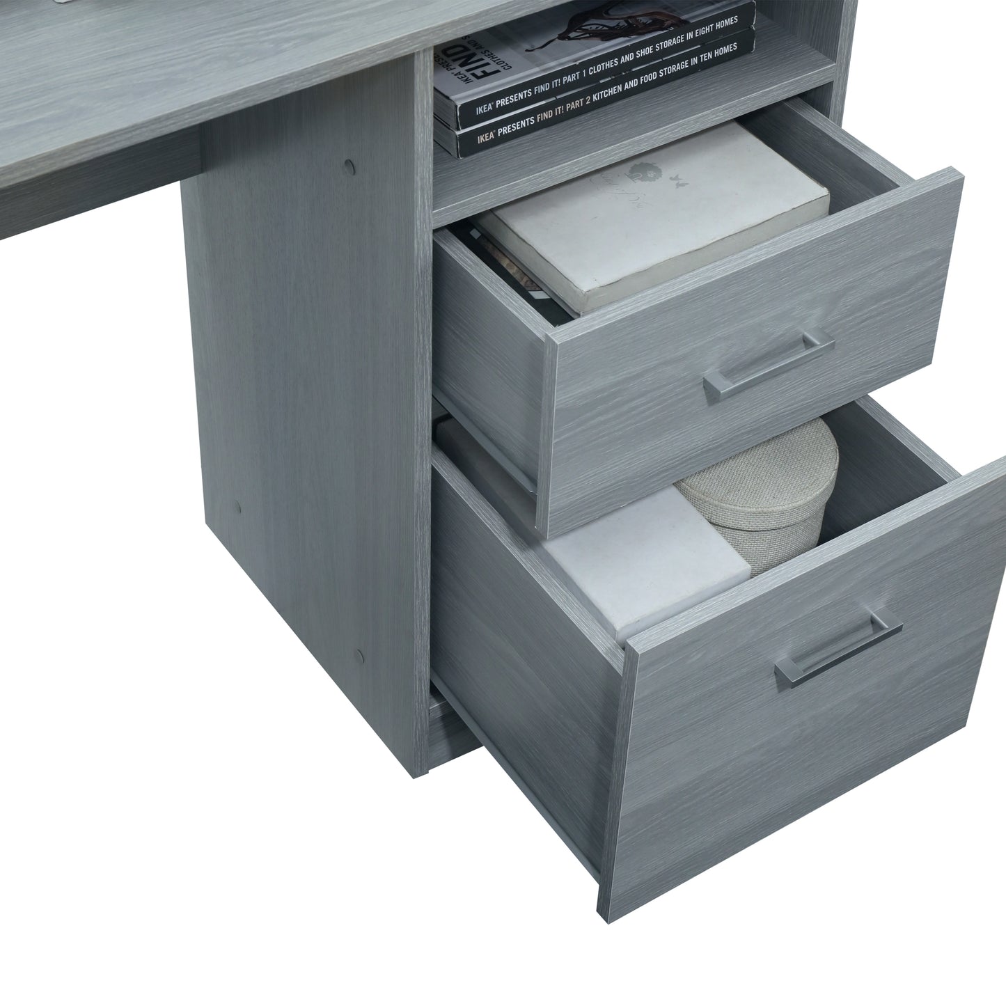 Functional Grey L-Shaped Desk with Storage