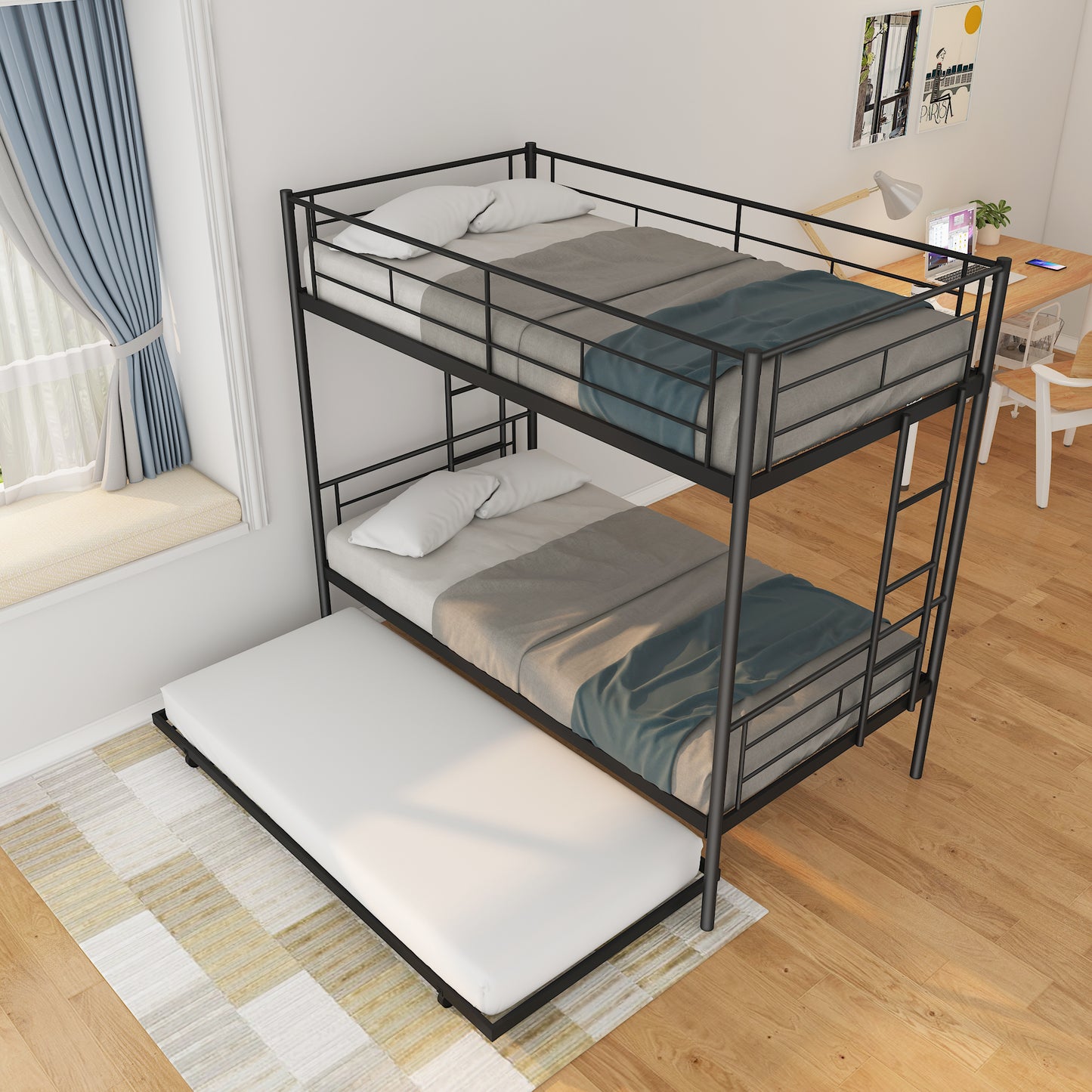 Enhanced Metal Bunk Bed Frame with Trundle - Twin Over Twin (Sturdy Version)