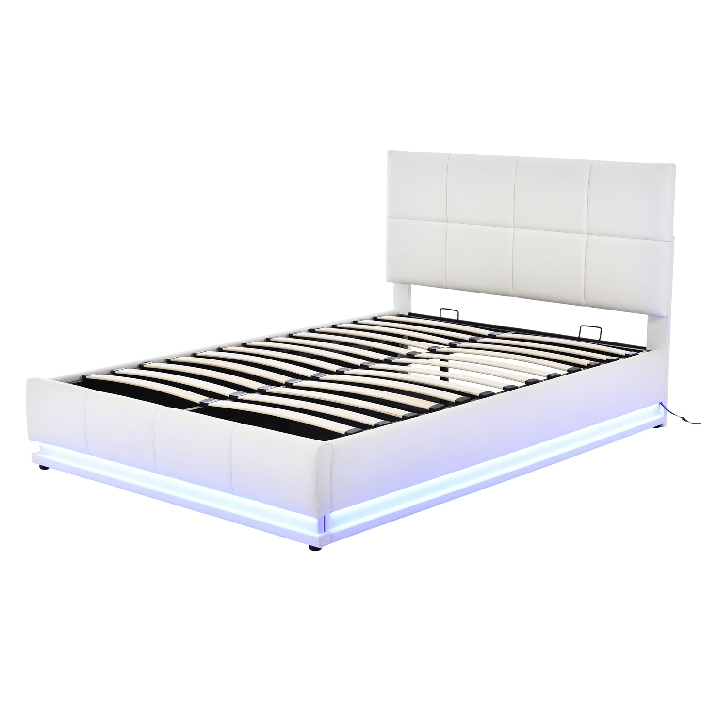 Tufted Upholstered Platform Bed with Hydraulic Storage System,Queen Size PU Storage Bed with LED Lights and USB charger, White