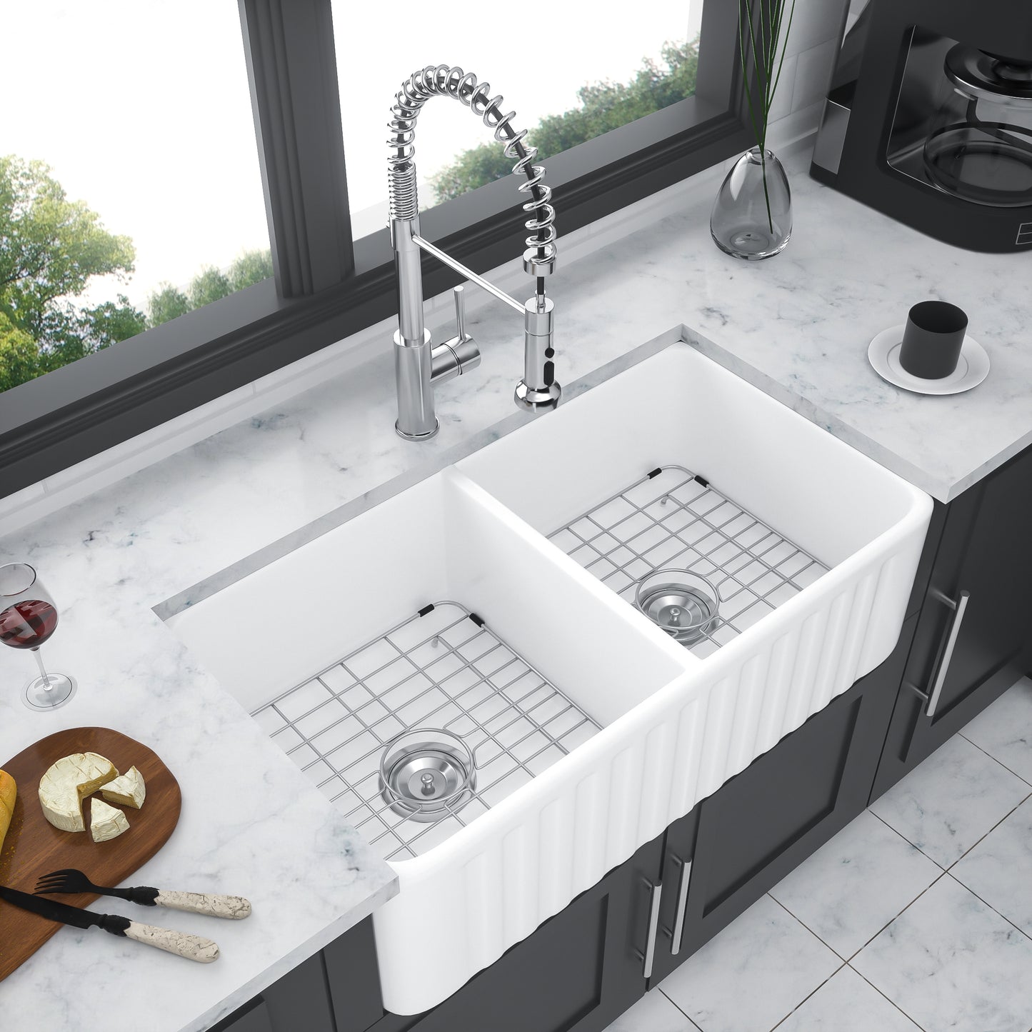 White Ceramic Double Bowl 33 Inch Farmhouse Kitchen Sink with Elegant Design