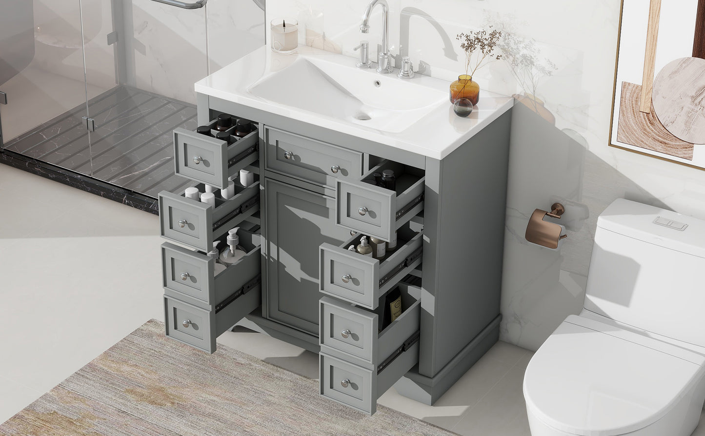 36" Bathroom Vanity with Sink Combo, One Cabinet and Six Drawers, Solid Wood and MDF Board, Grey