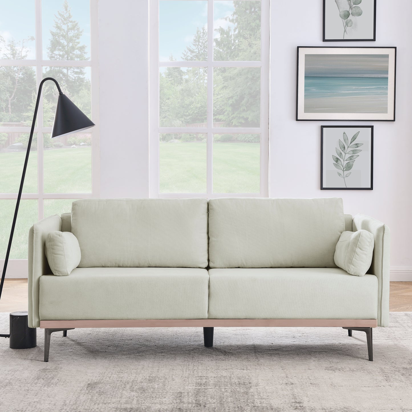 Modern Sofa 3-Seat Couch with Stainless Steel Trim and Metal Legs for Living Room, Linen Beige