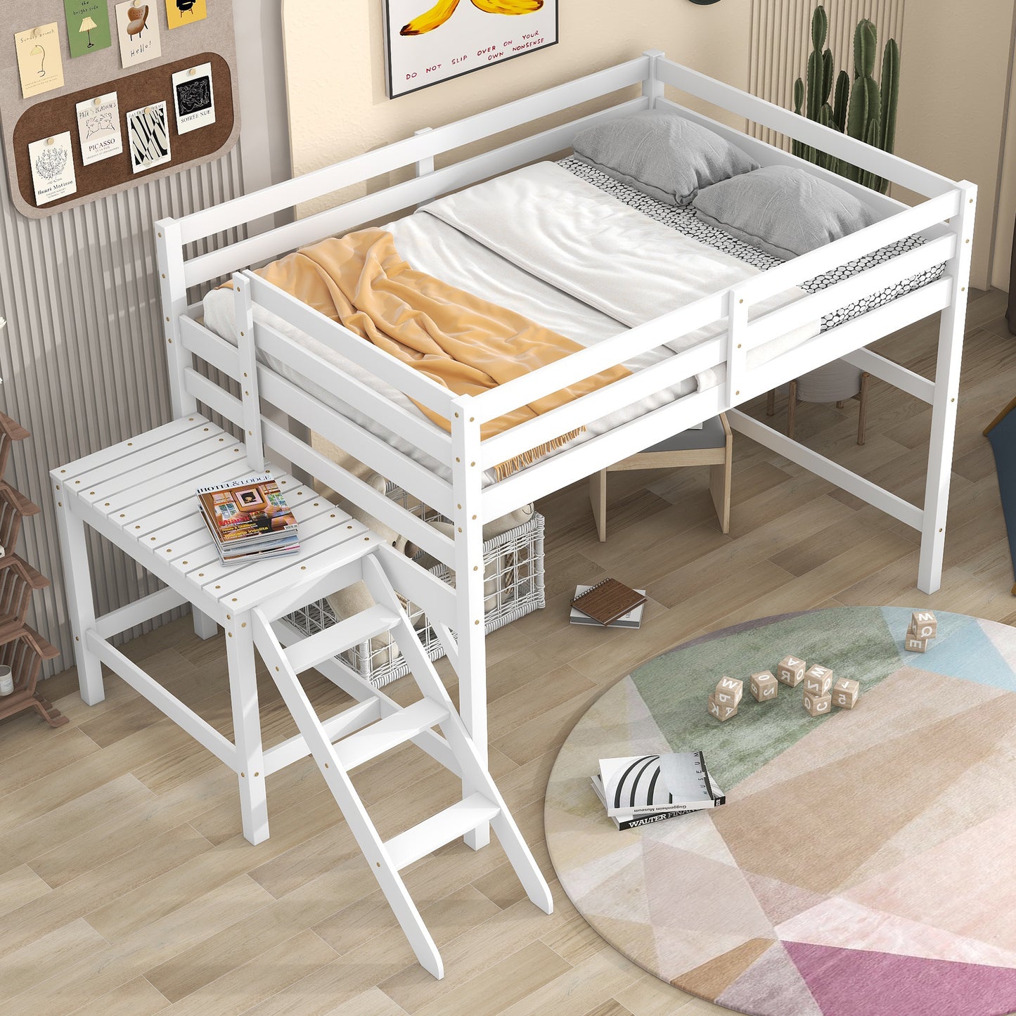 Full Loft Bed with Platform,ladder,White