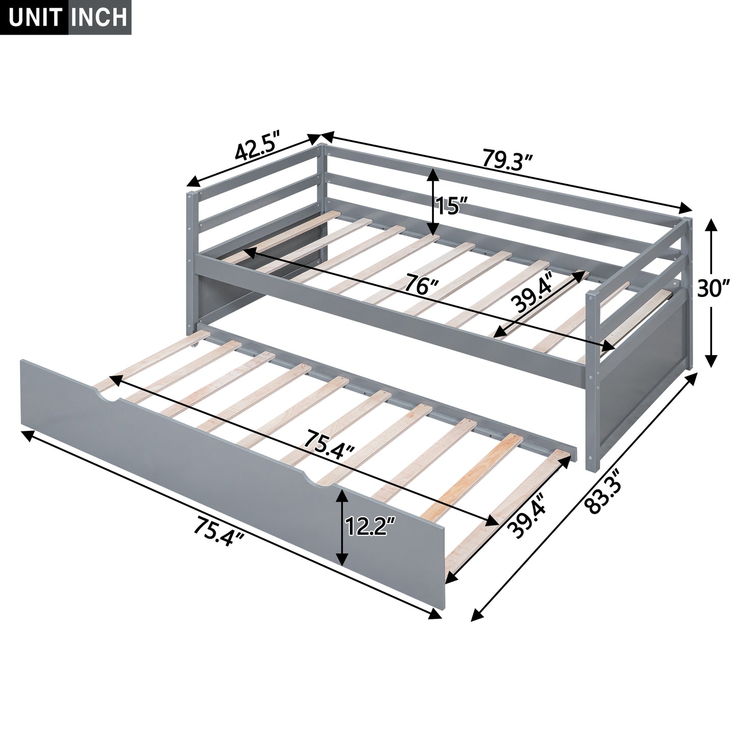 Twin Size Wood Daybed with Twin Size Trundle, Gray(Expected Arrival Time: 1.7)