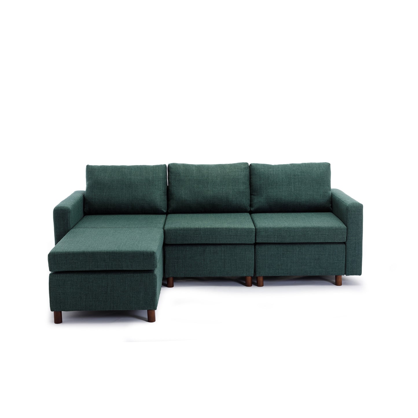 3-Seat Green Linen Sectional Sofa Set with Ottoman