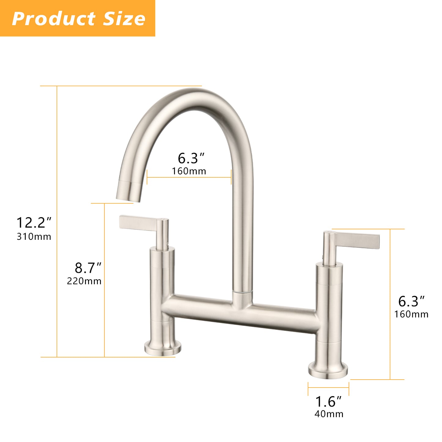 Double Handle Bridge Kitchen Faucet In Stainless Steel