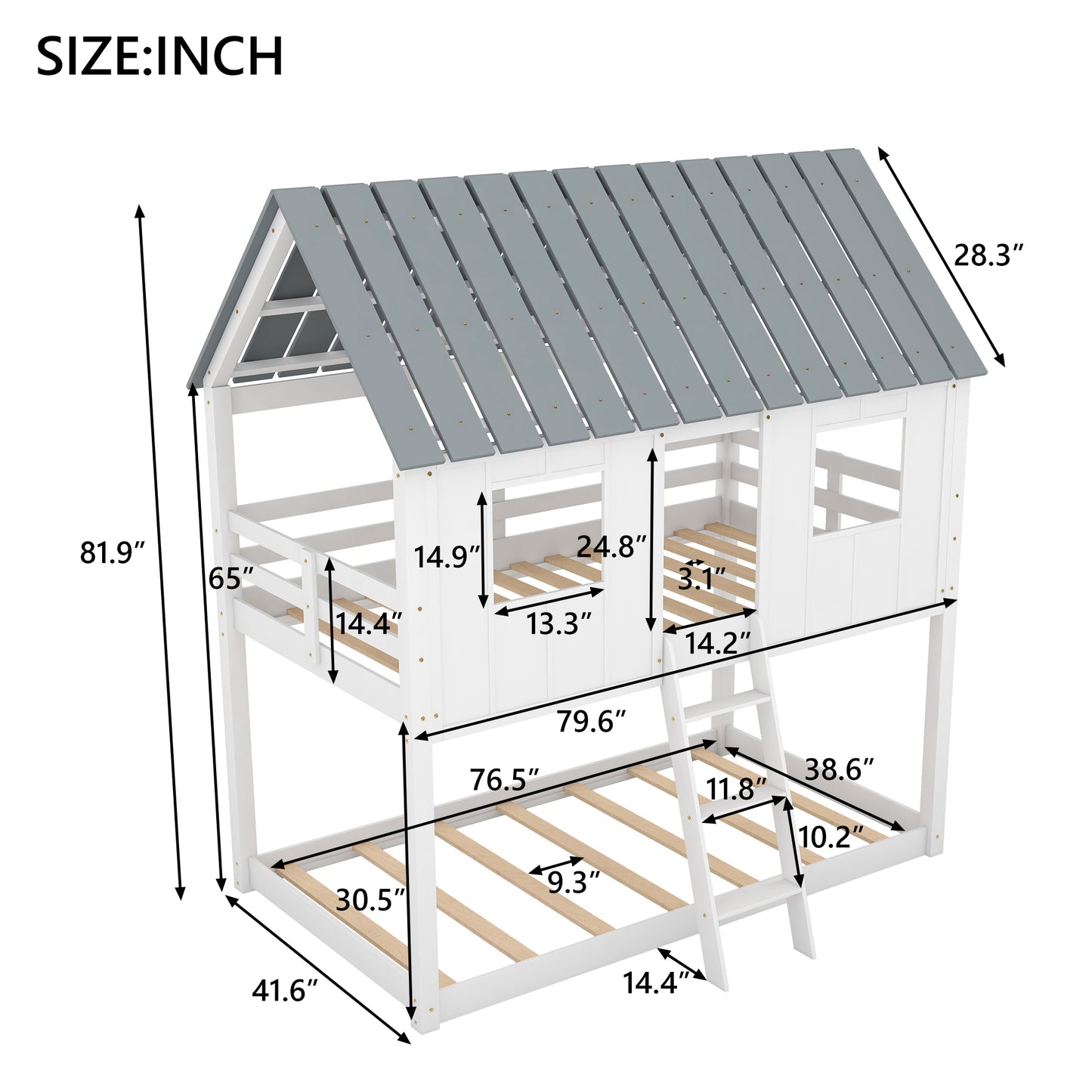 Barnyard Style White Twin Bunk Beds with Roof and Fence Guardrail