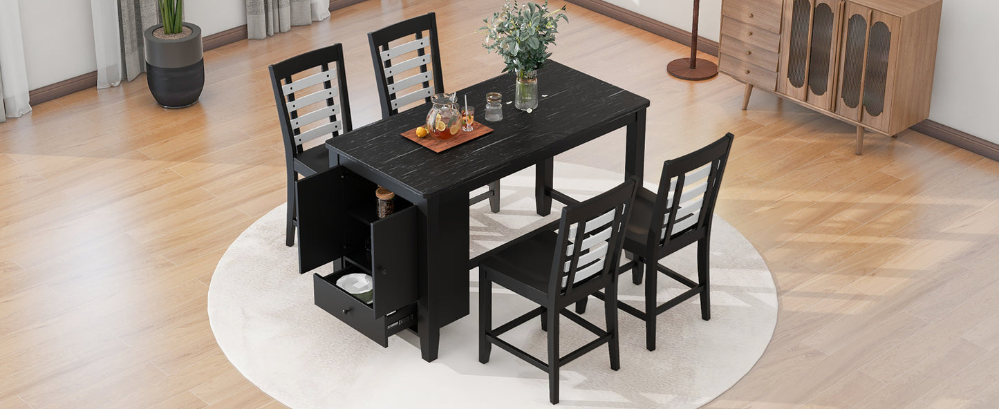 Counter Height 5-piece Dining Table Set with Faux Marble Tabletop, Solid Wood Table Set with Storage Cabinet and Drawer, Black