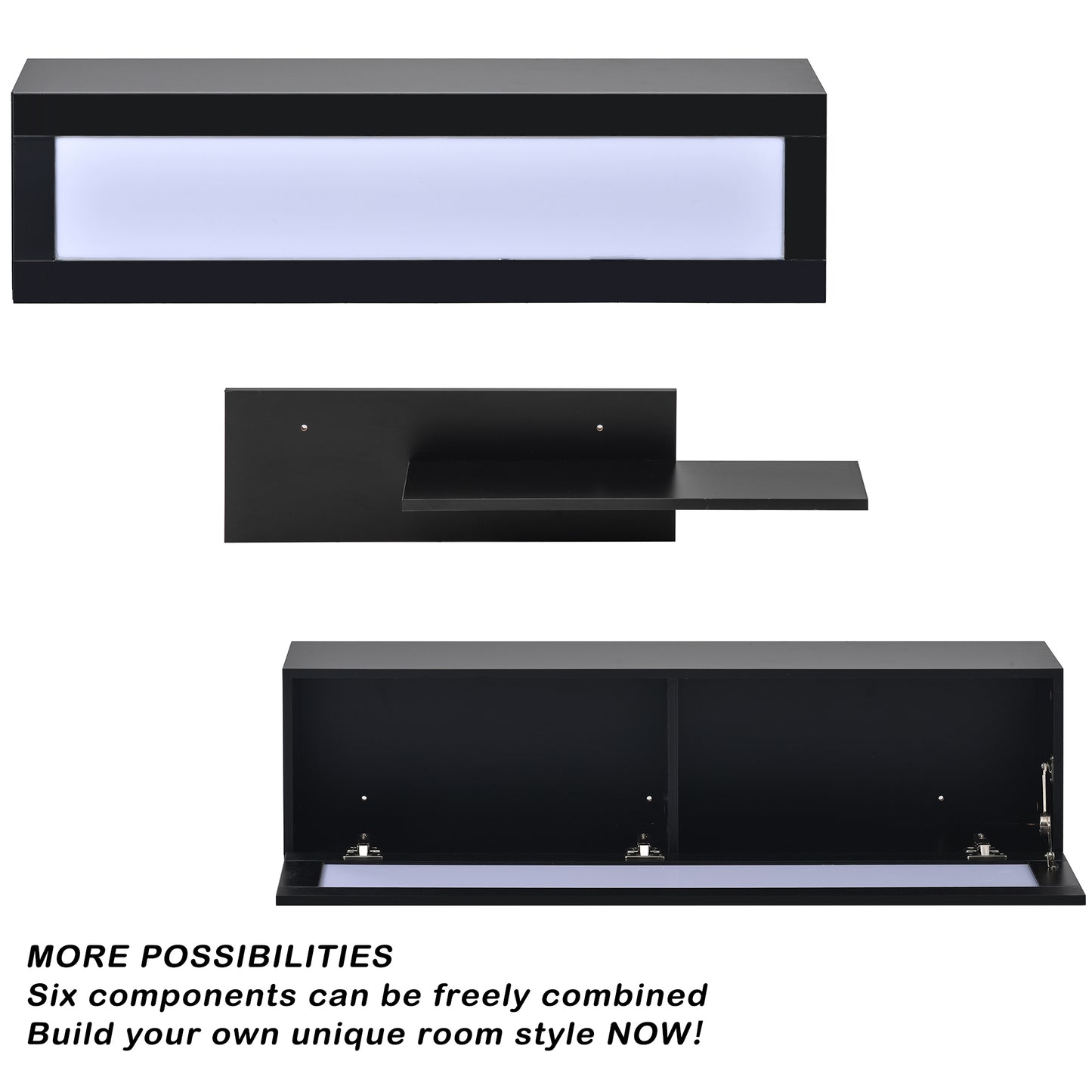 Modern Black Wall Mount Floating TV Stand with LED Lights and Media Storage