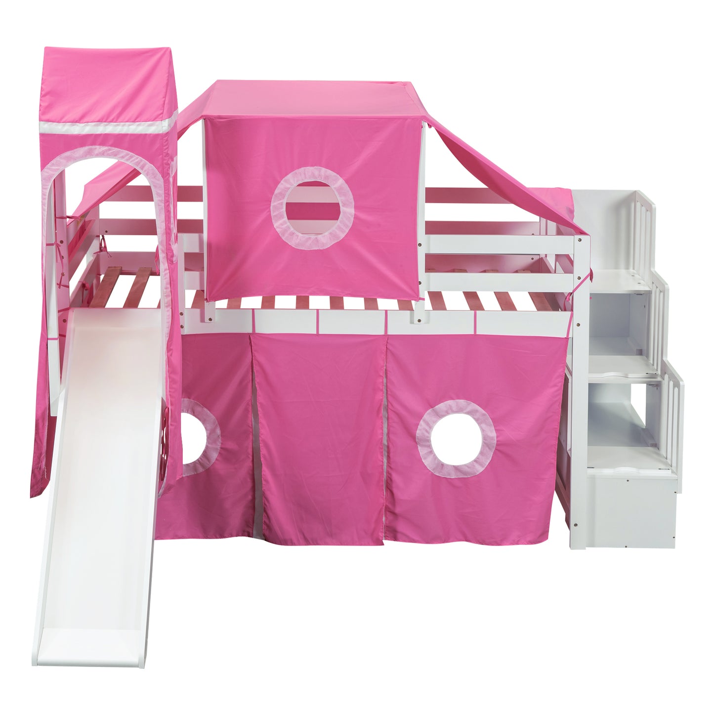 Twin Size Loft Bed with Tent and Tower - Pink