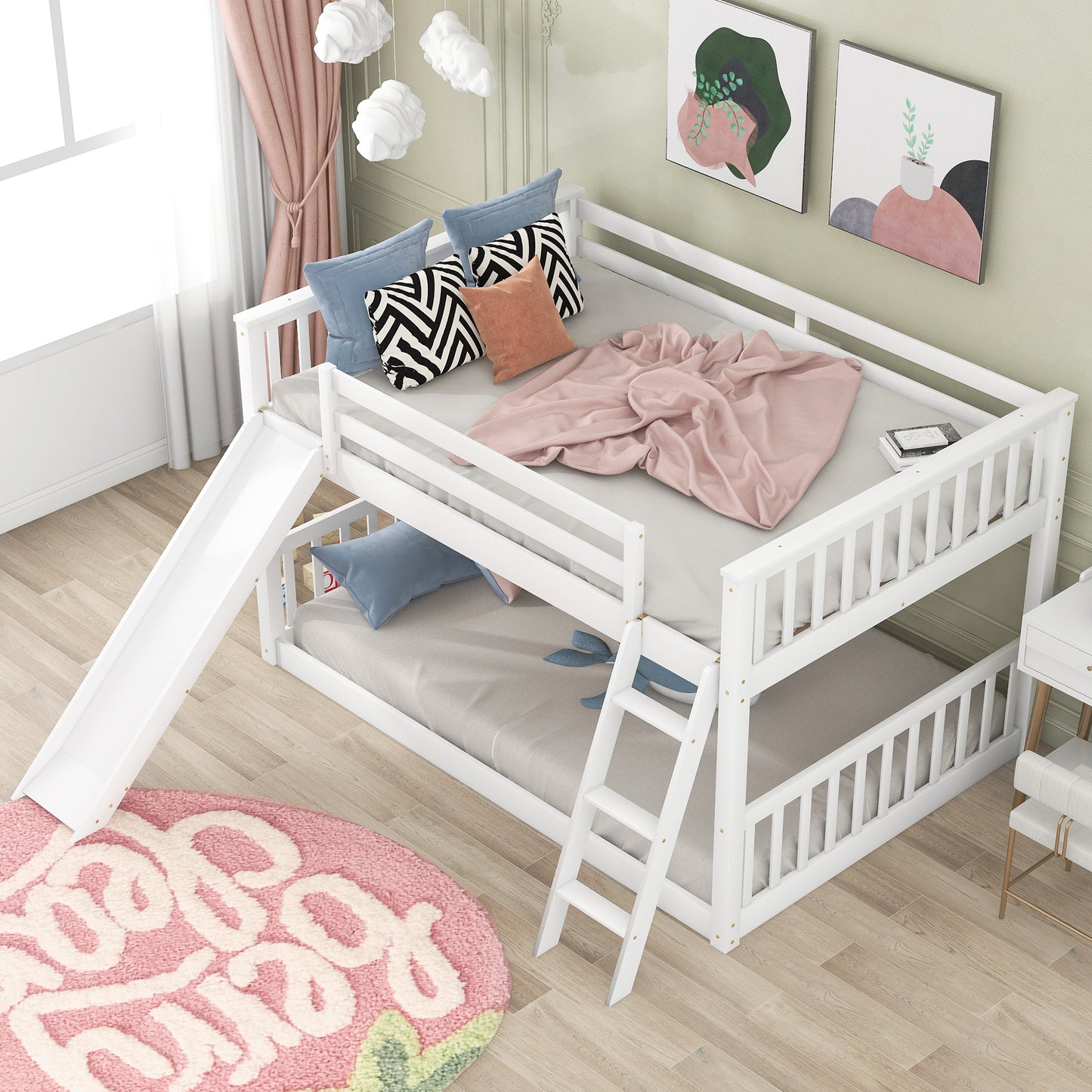 Fun White Full over Full Bunk Bed with Removable Slide and Ladder