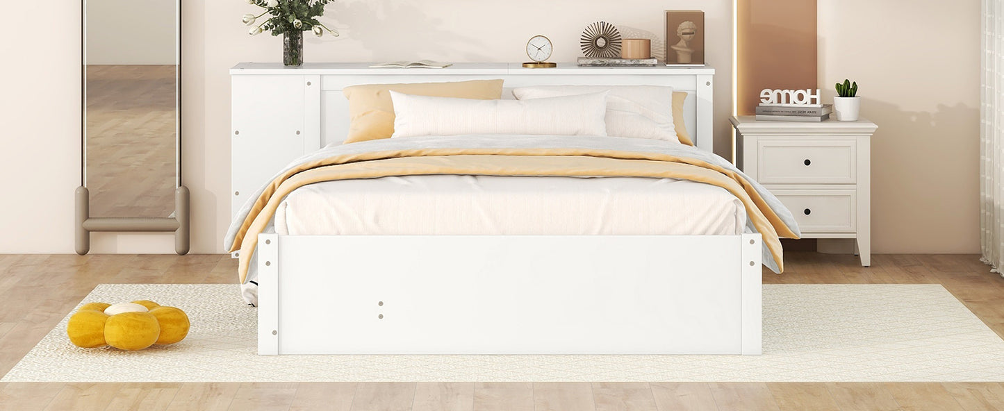 Full Size Platform Bed With a Rolling Shelf, White