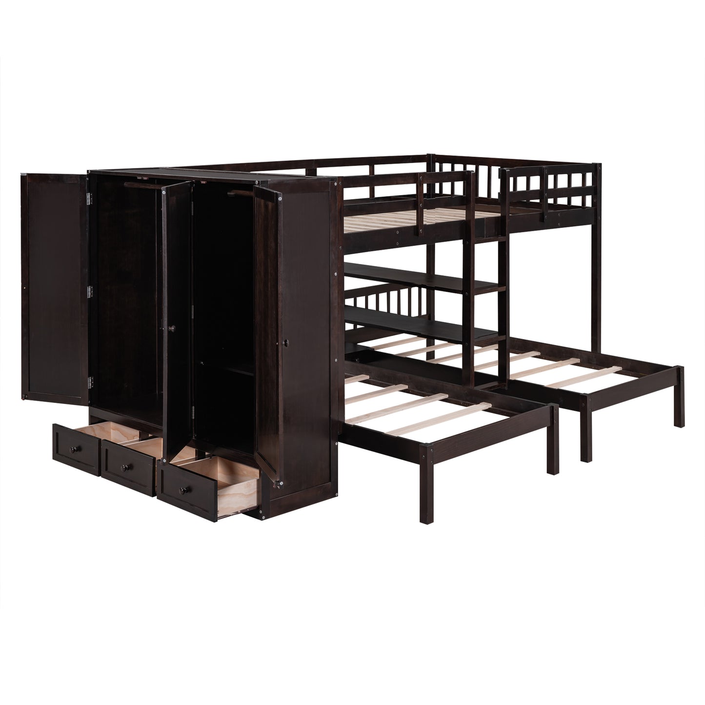 Efficient Espresso Bunk Bed with Twin Over Full, Wardrobe, Mirror, and Shelves