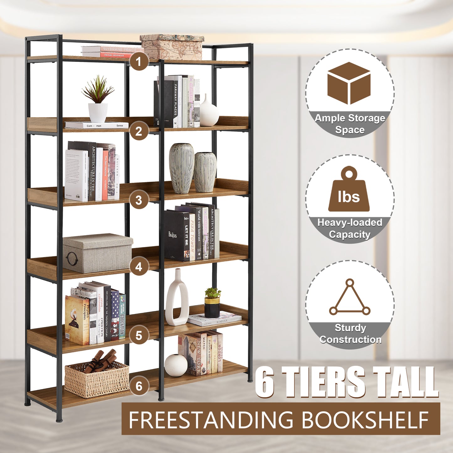 70.8 Inch Tall Bookshelf MDF Boards Stainless Steel Frame, 6-tier Shelves with Back&Side Panel, Adjustable Foot Pads, Brown