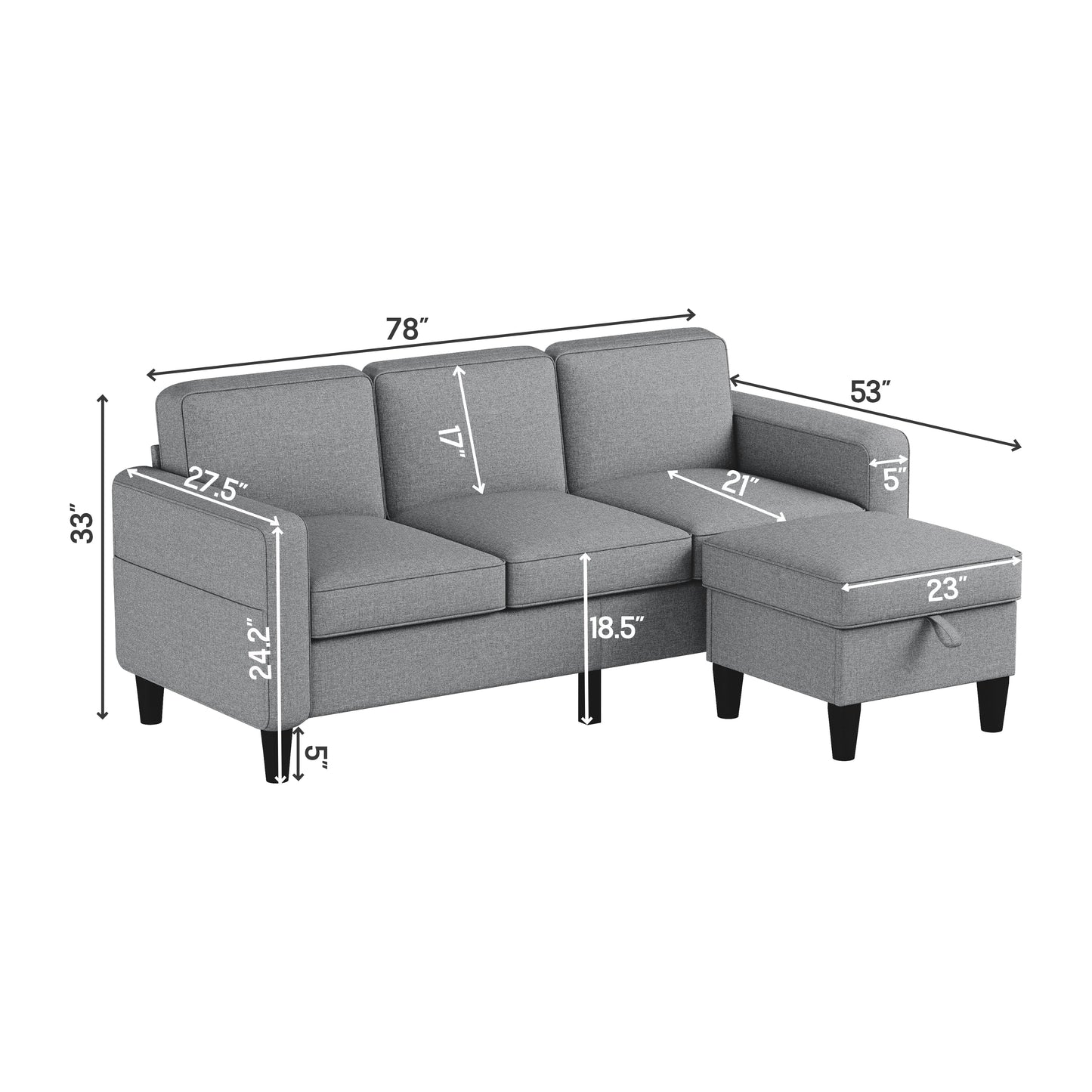 Sofas for families, apartments, dorms, bonus rooms, compact Spaces with lounge lounges, 3 seater, L-shaped design for the chaise, 680 LBS capacity - light grey