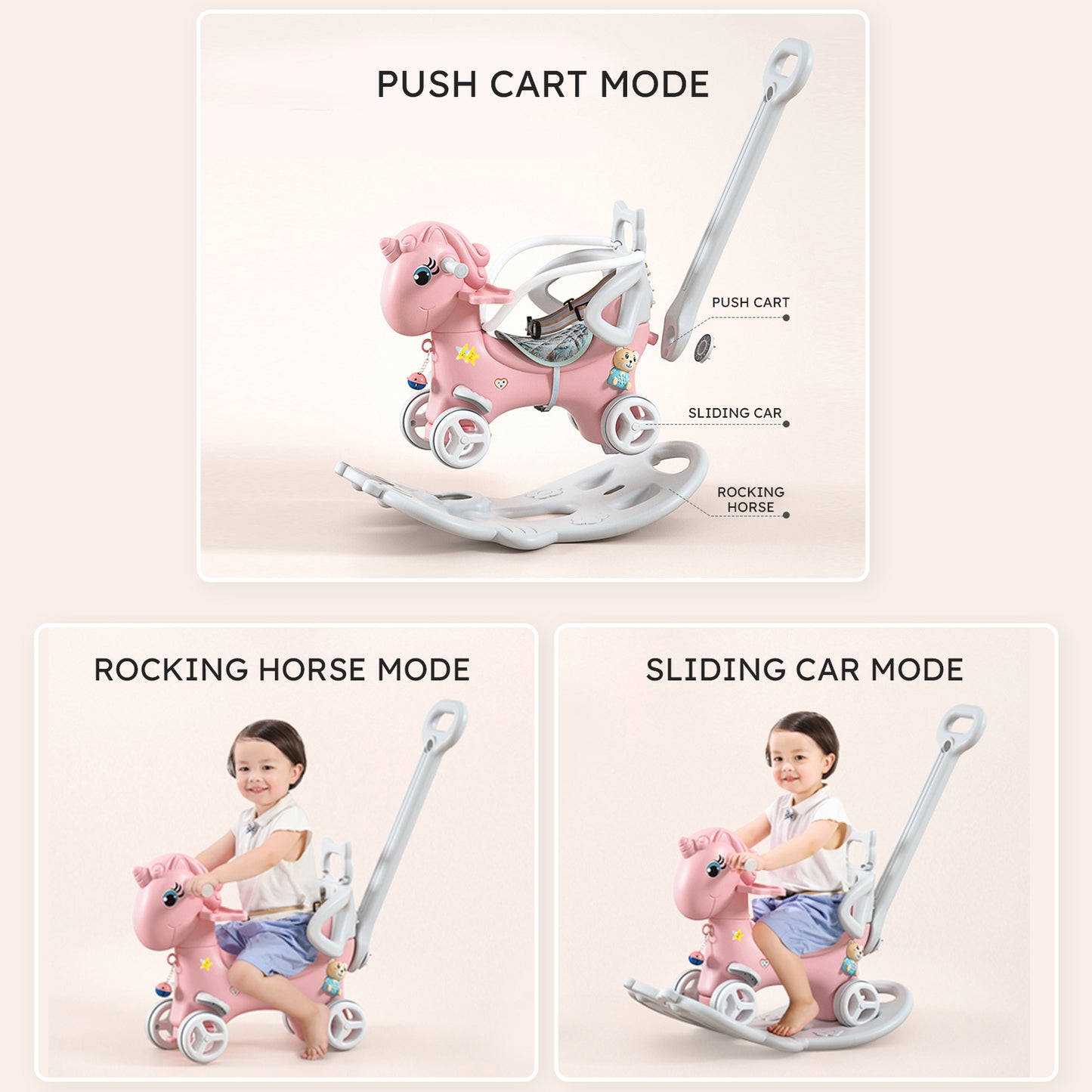 4-in-1 Unicorn Pink Rocking Horse and Ride-On Toy for Toddlers