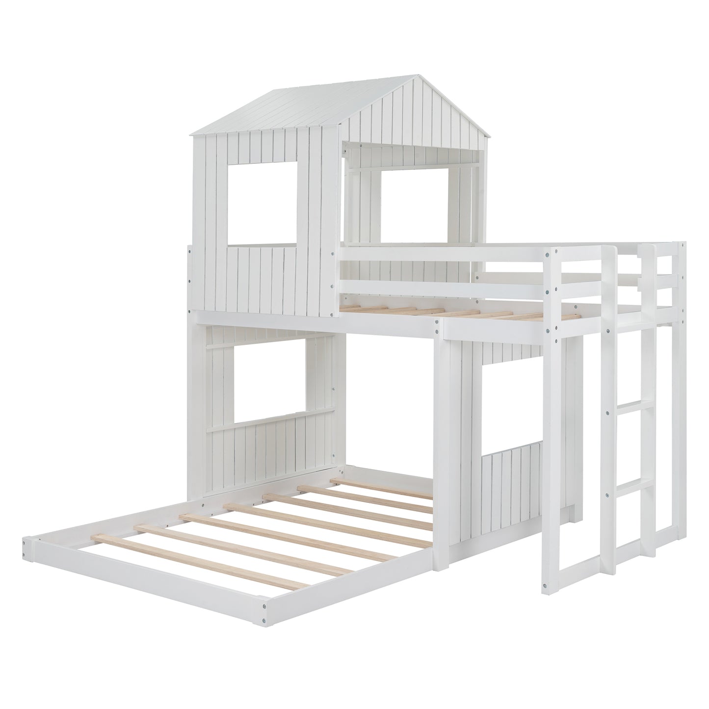 Whimsical Farmhouse Twin Over Full Bunk Bed with Playhouse in White