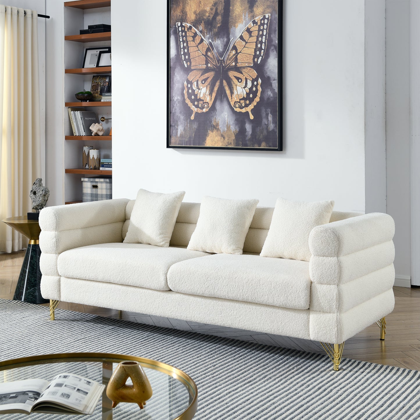 3-seater and 3-seater Combination Sofa in White Teddy (Ivory) with Streamline Modern Design