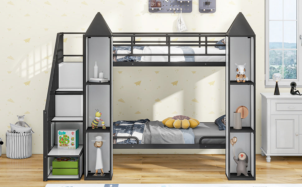 Castle-themed Metal Twin Bunk Bed with Wardrobe and Storage in Black and White Color Palette