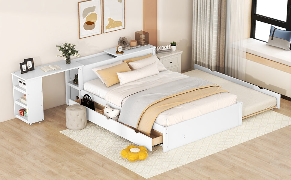 Full Size Platform Bed With a Rolling Shelf, White