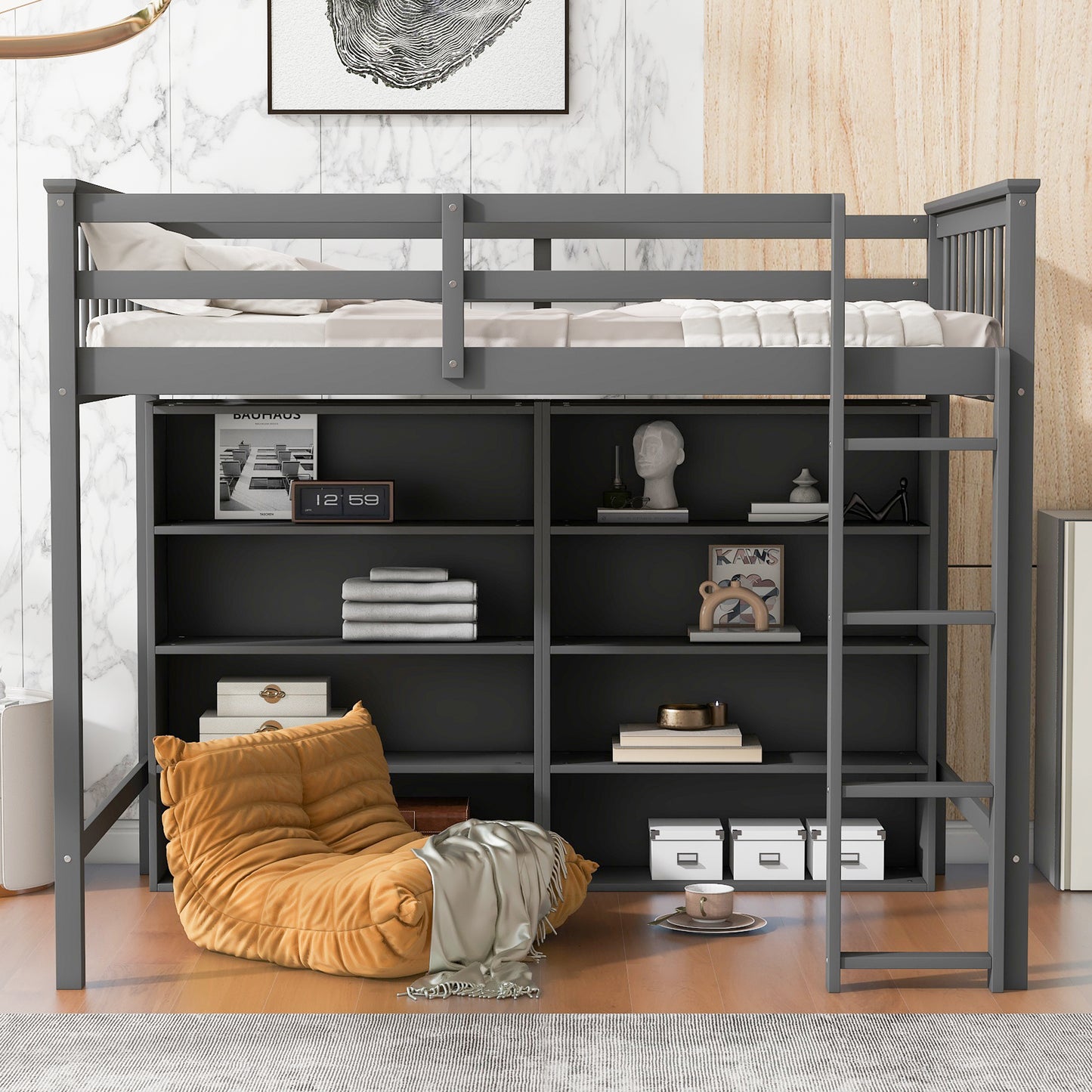 Twin Size Loft Bed with 8 Open Storage Shelves and Built-in Ladder, Gary(Expected Arrival Time:1.5)