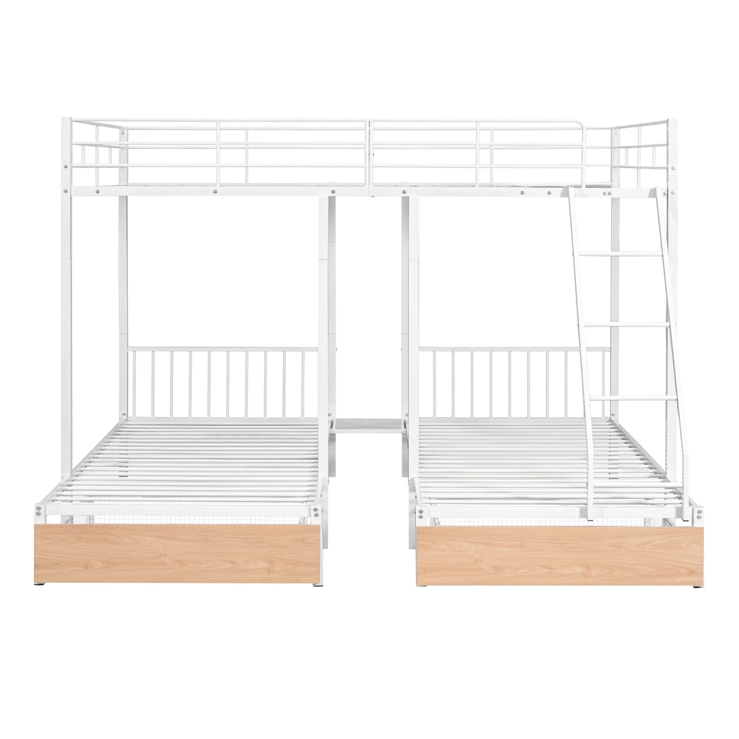 Triple Bunk Bed with Storage Drawers and Guardrails, Full Bed Over Twin & Twin