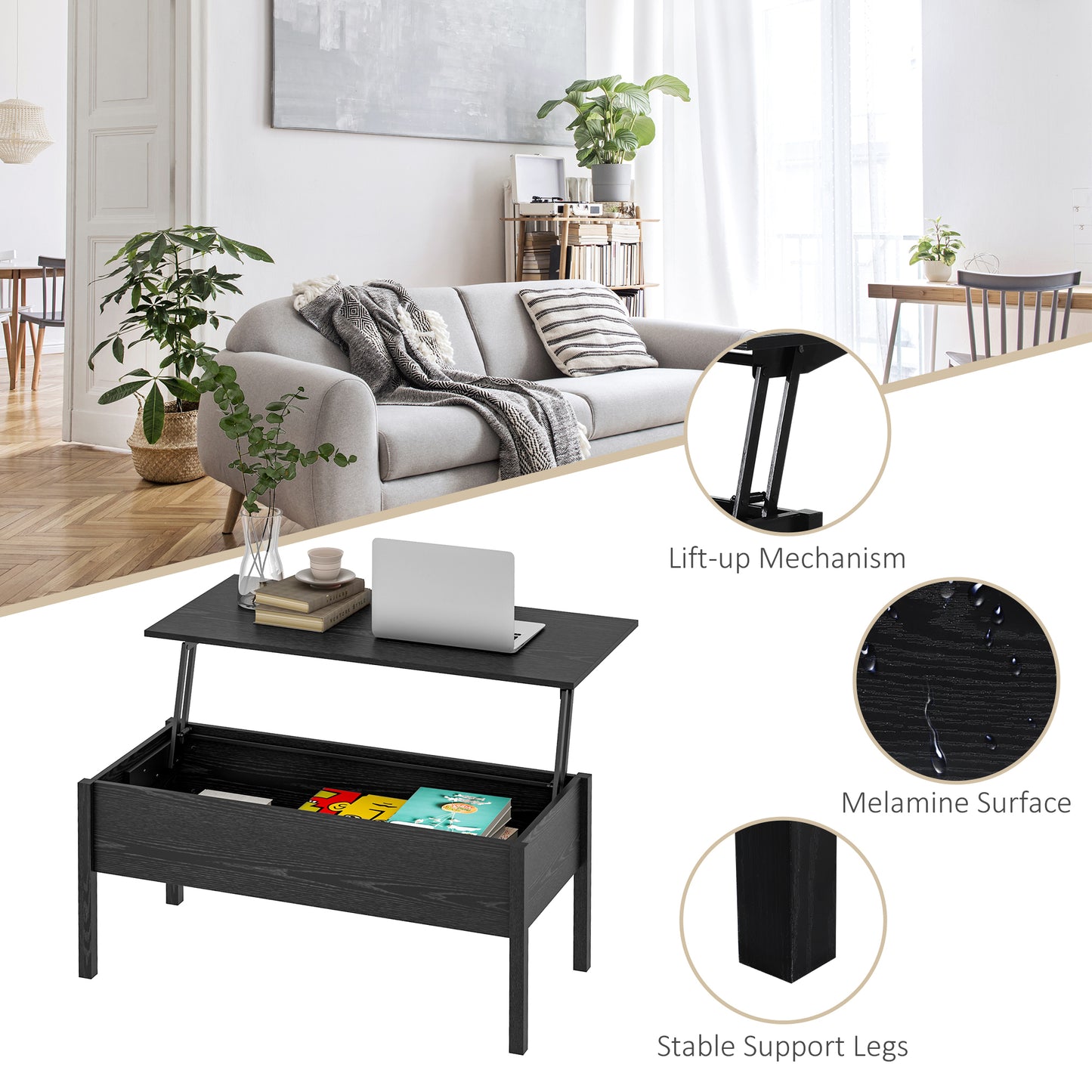 39" Modern Lift Top Coffee Table Desk With Hidden Storage Compartment for Living Room, Black Woodgrain